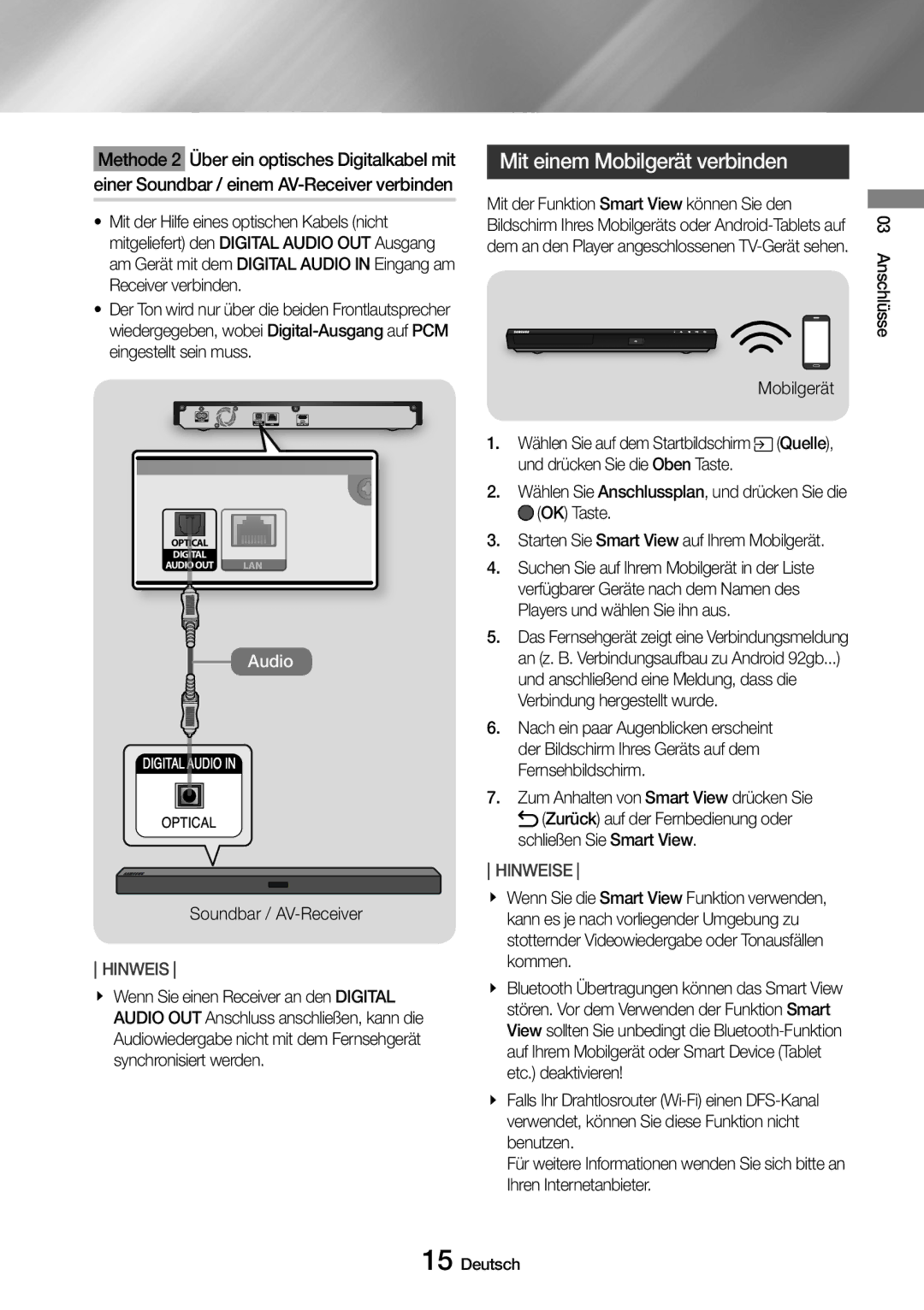 Samsung UBD-M8500/ZG, UBD-M8500/EN manual Mit einem Mobilgerät verbinden, Soundbar / AV-Receiver 