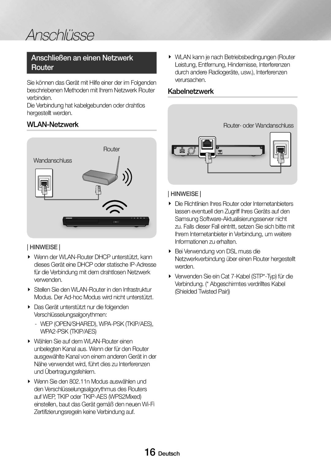 Samsung UBD-M8500/EN manual Anschließen an einen Netzwerk Router, WLAN-Netzwerk, Kabelnetzwerk, Router- oder Wandanschluss 