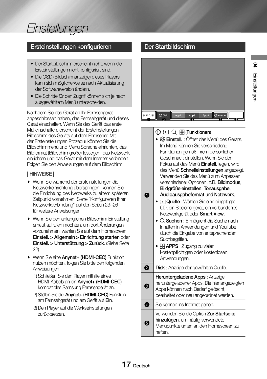 Samsung UBD-M8500/ZG, UBD-M8500/EN manual Einstellungen, Ersteinstellungen konfigurieren, Der Startbildschirm 