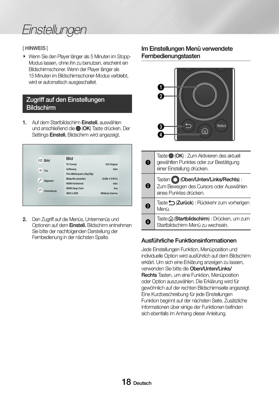 Samsung UBD-M8500/EN, UBD-M8500/ZG manual Zugriff auf den Einstellungen Bildschirm, Ausführliche Funktionsinformationen 