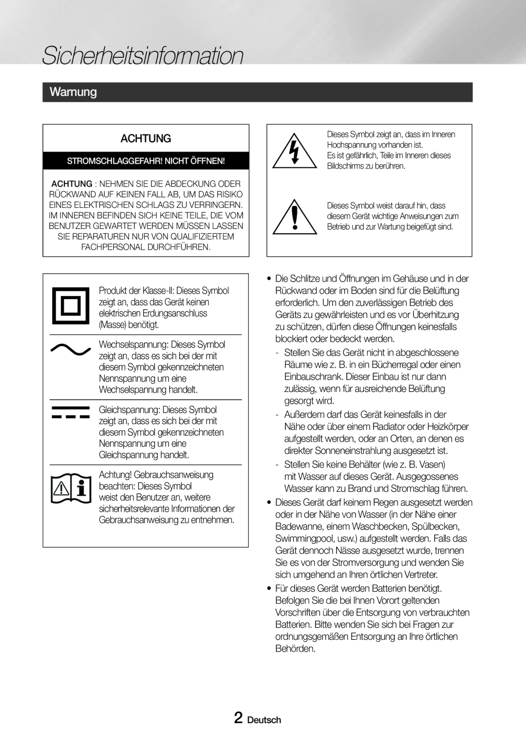 Samsung UBD-M8500/EN, UBD-M8500/ZG manual Sicherheitsinformation, Warnung 