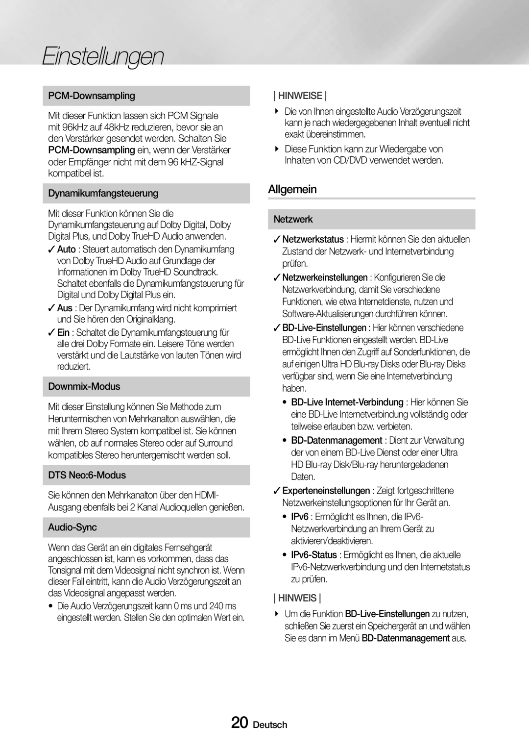 Samsung UBD-M8500/EN, UBD-M8500/ZG manual Allgemein, PCM-Downsampling, Dynamikumfangsteuerung, Downmix-Modus 