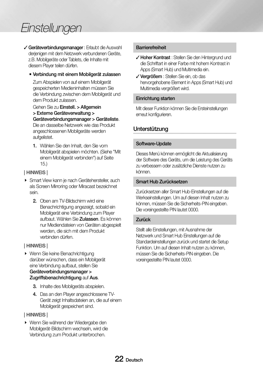 Samsung UBD-M8500/EN, UBD-M8500/ZG manual Unterstützung, Inhalte des Mobilgeräts abspielen, Barrierefreiheit, Zurück 