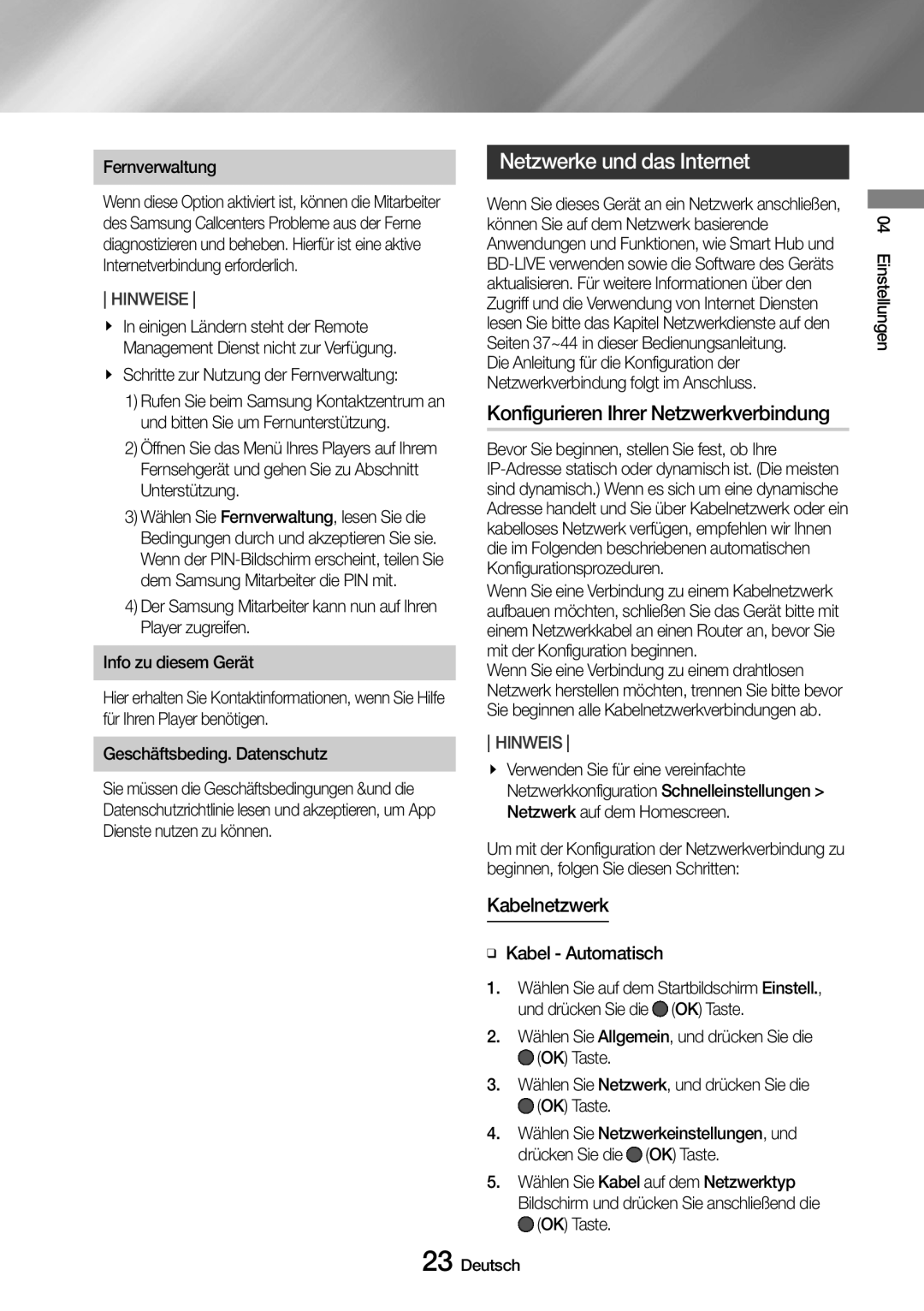 Samsung UBD-M8500/ZG, UBD-M8500/EN manual Netzwerke und das Internet, Konfigurieren Ihrer Netzwerkverbindung, Kabelnetzwerk 