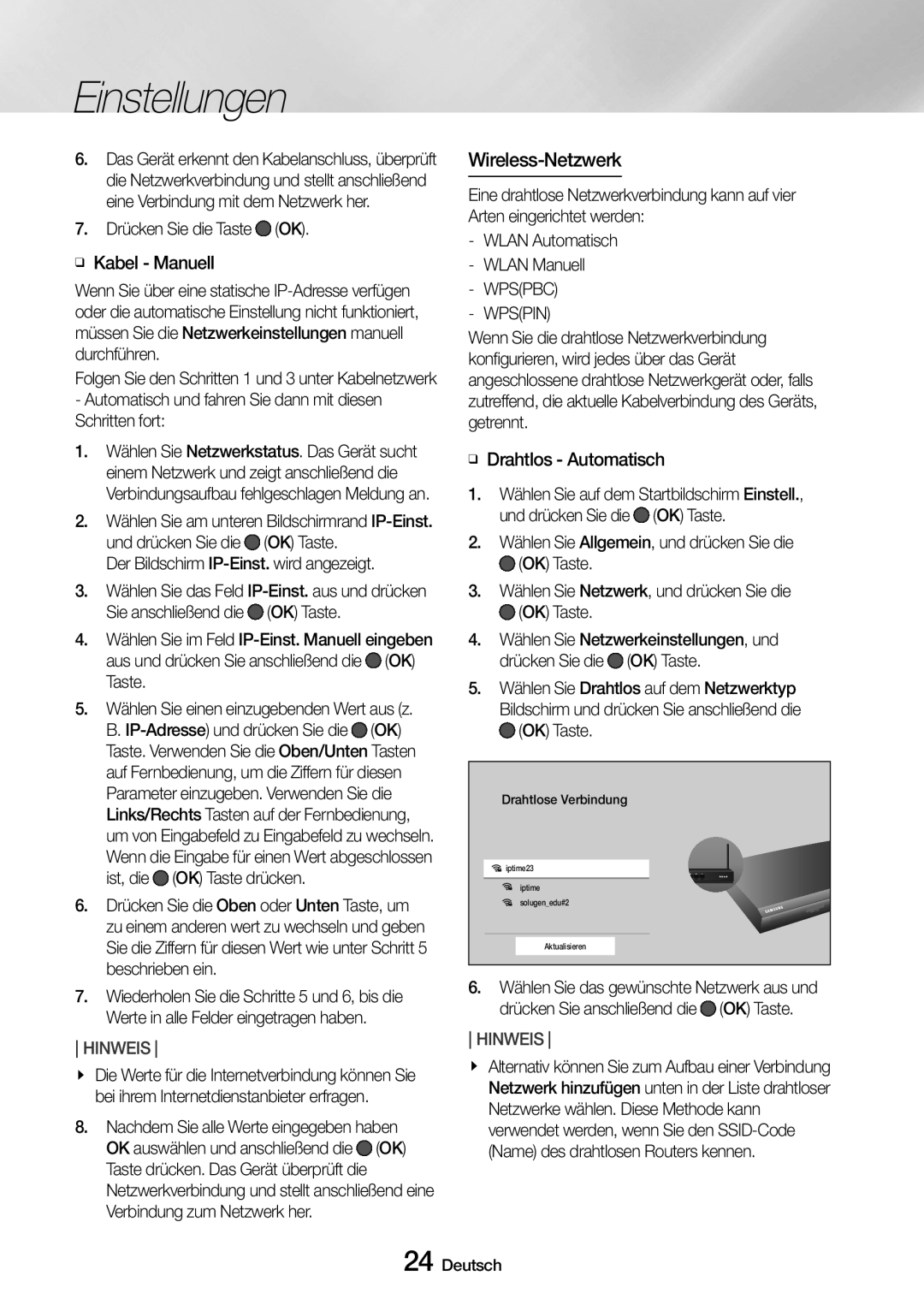 Samsung UBD-M8500/EN, UBD-M8500/ZG manual Wireless-Netzwerk, Drücken Sie die Taste OK ĞĞ Kabel Manuell, Wpspbc Wpspin 