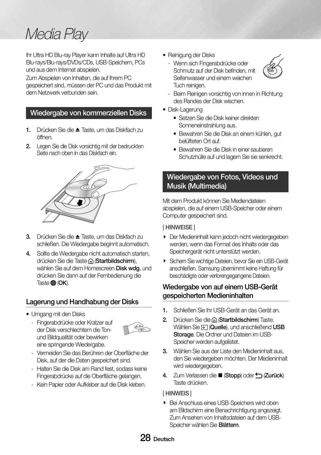 Samsung UBD-M8500/EN, UBD-M8500/ZG manual Media Play, Wiedergabe von kommerziellen Disks, Lagerung und Handhabung der Disks 