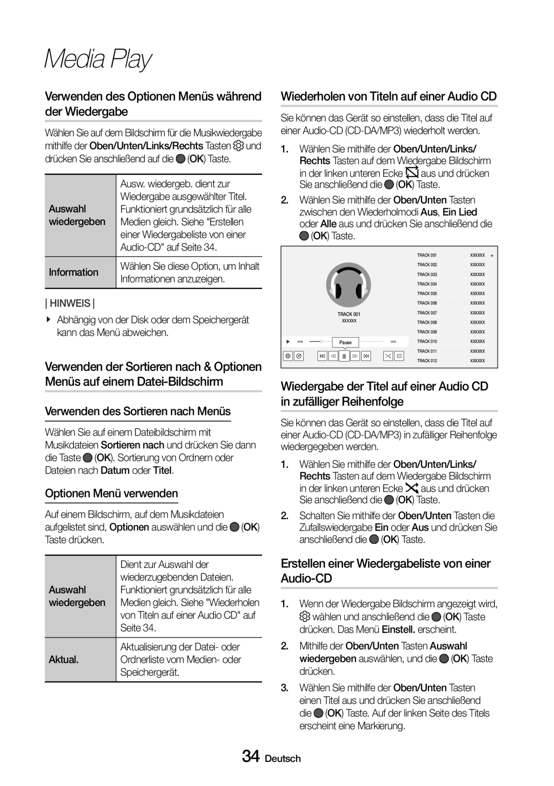 Samsung UBD-M8500/EN manual Verwenden des Optionen Menüs während der Wiedergabe, Wiederholen von Titeln auf einer Audio CD 