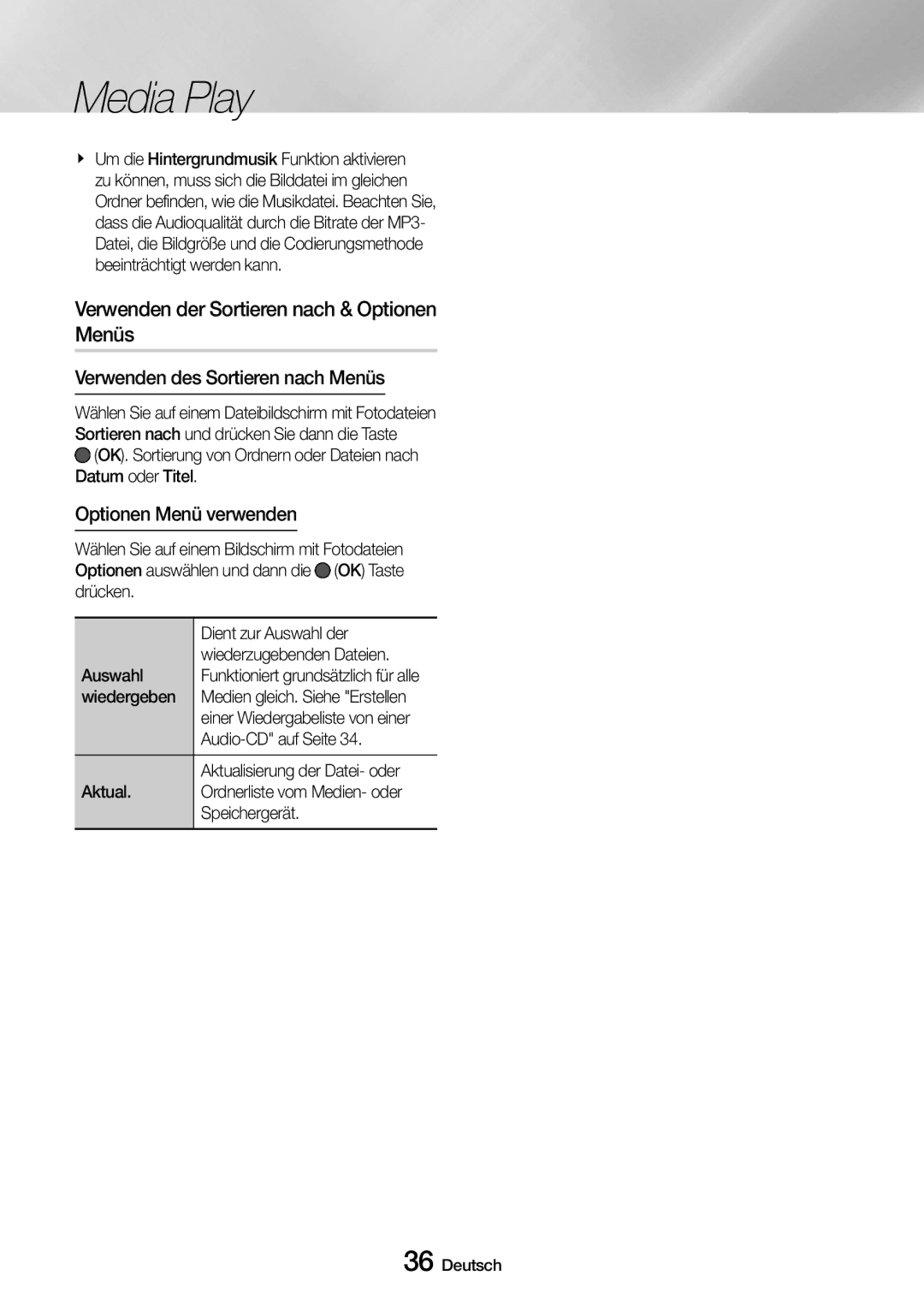 Samsung UBD-M8500/EN, UBD-M8500/ZG manual Verwenden der Sortieren nach & Optionen Menüs 