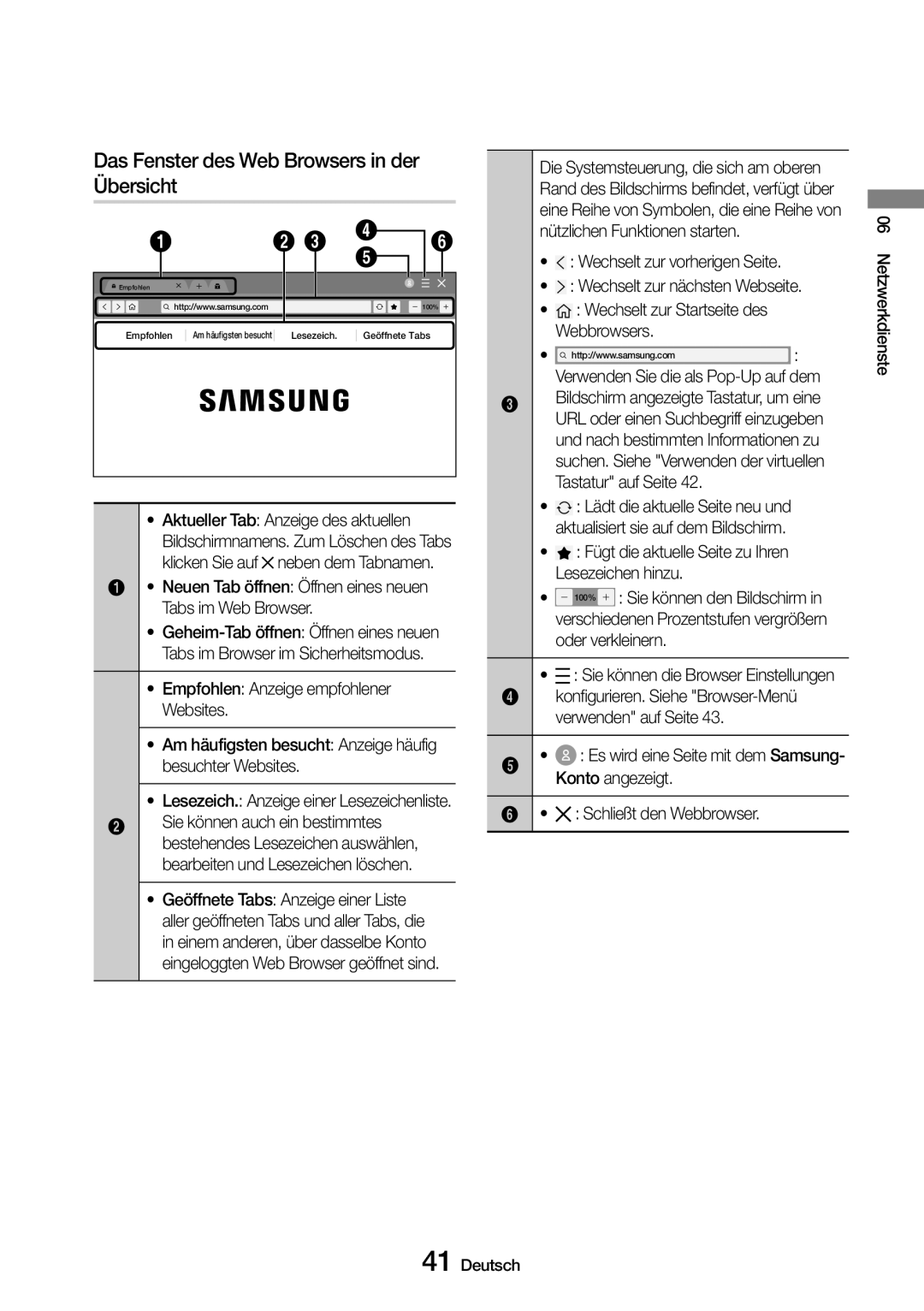 Samsung UBD-M8500/ZG, UBD-M8500/EN manual Das Fenster des Web Browsers in der Übersicht 