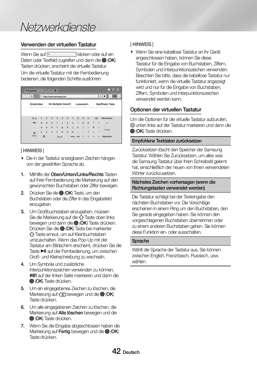 Samsung UBD-M8500/EN, UBD-M8500/ZG Verwenden der virtuellen Tastatur, Optionen der virtuellen Tastatur,  OK Taste drücken 