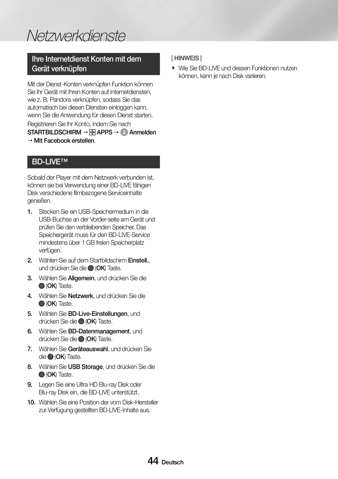 Samsung UBD-M8500/EN, UBD-M8500/ZG manual Ihre Internetdienst Konten mit dem Gerät verknüpfen, Bd-Live 