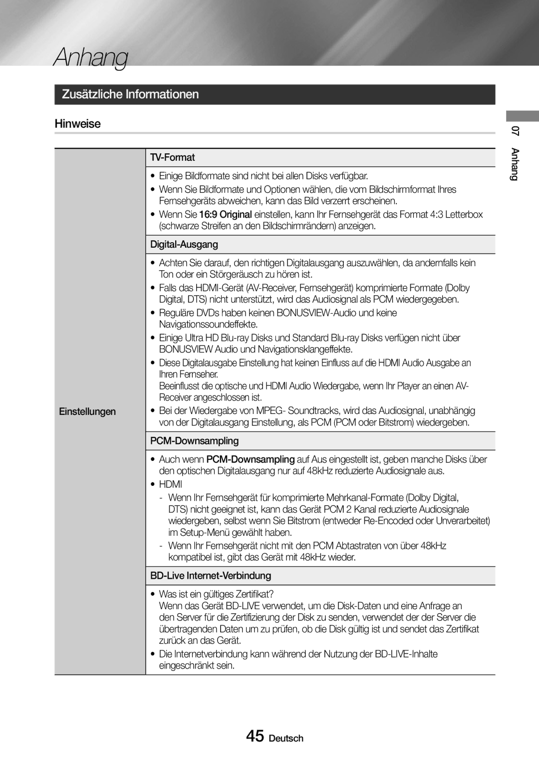 Samsung UBD-M8500/ZG, UBD-M8500/EN manual Anhang, Zusätzliche Informationen, Hinweise 