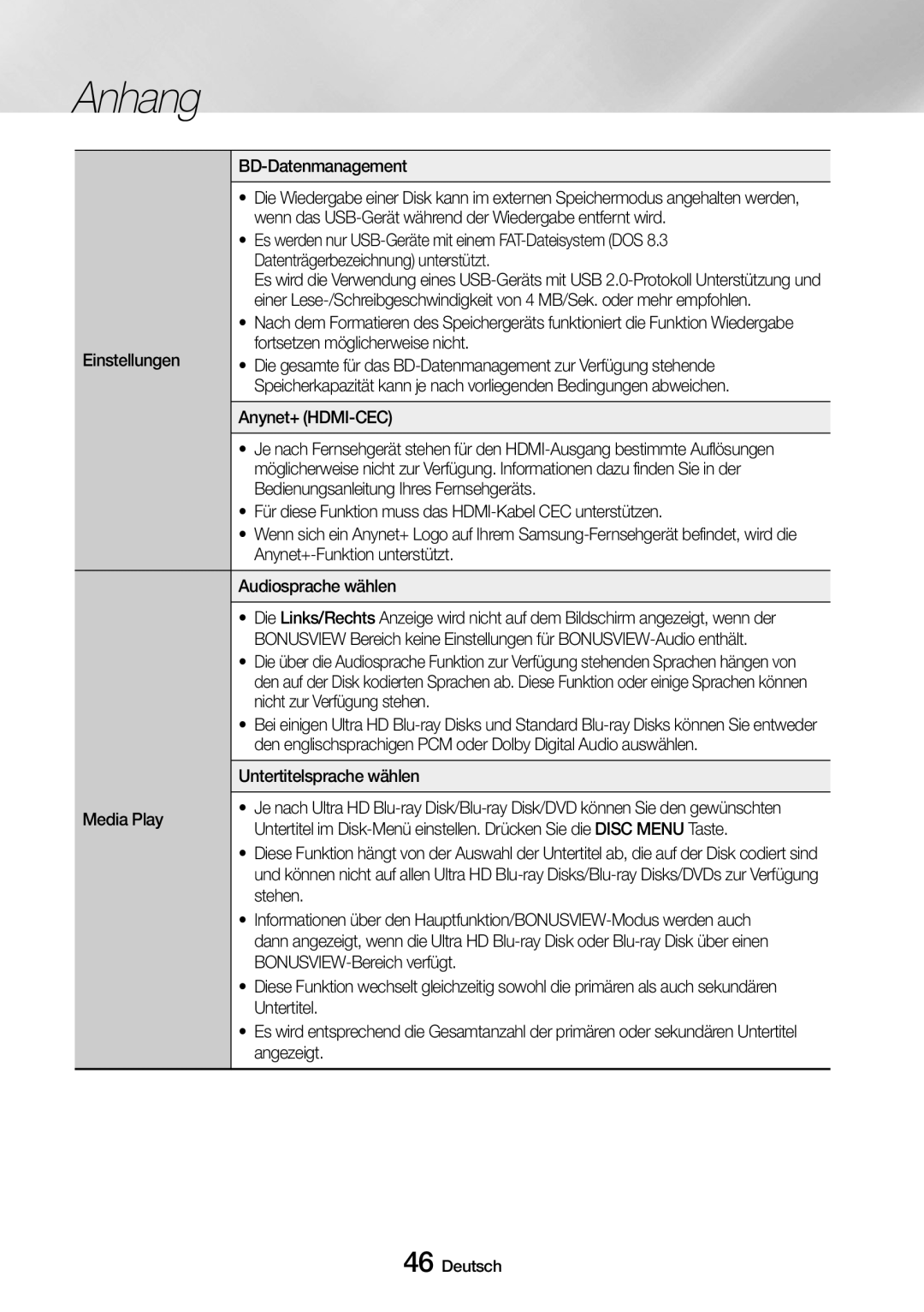 Samsung UBD-M8500/EN BD-Datenmanagement, Wenn das USB-Gerät während der Wiedergabe entfernt wird, Audiosprache wählen 