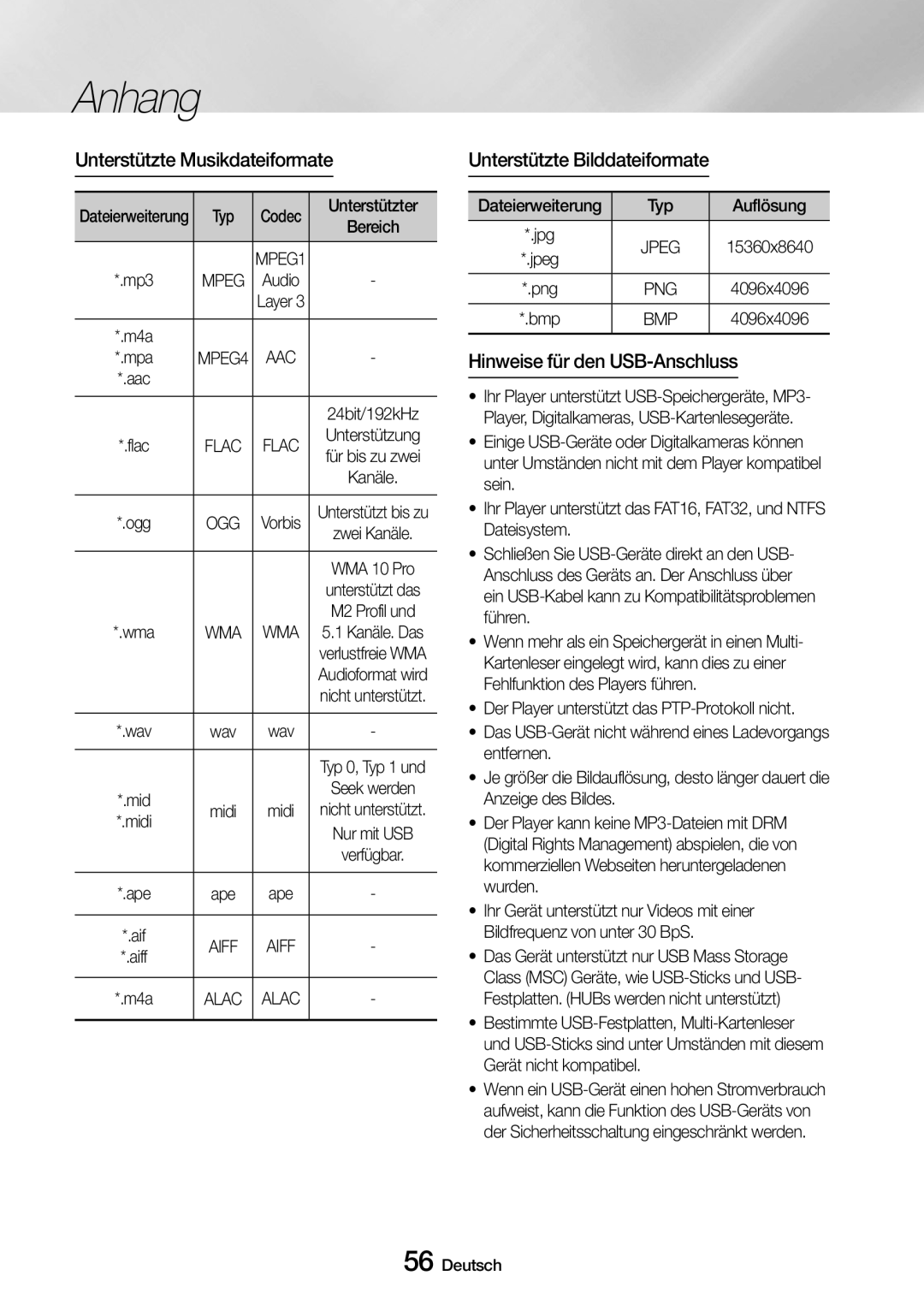 Samsung UBD-M8500/EN Unterstützte Musikdateiformate, Unterstützte Bilddateiformate, Hinweise für den USB-Anschluss, Bmp 