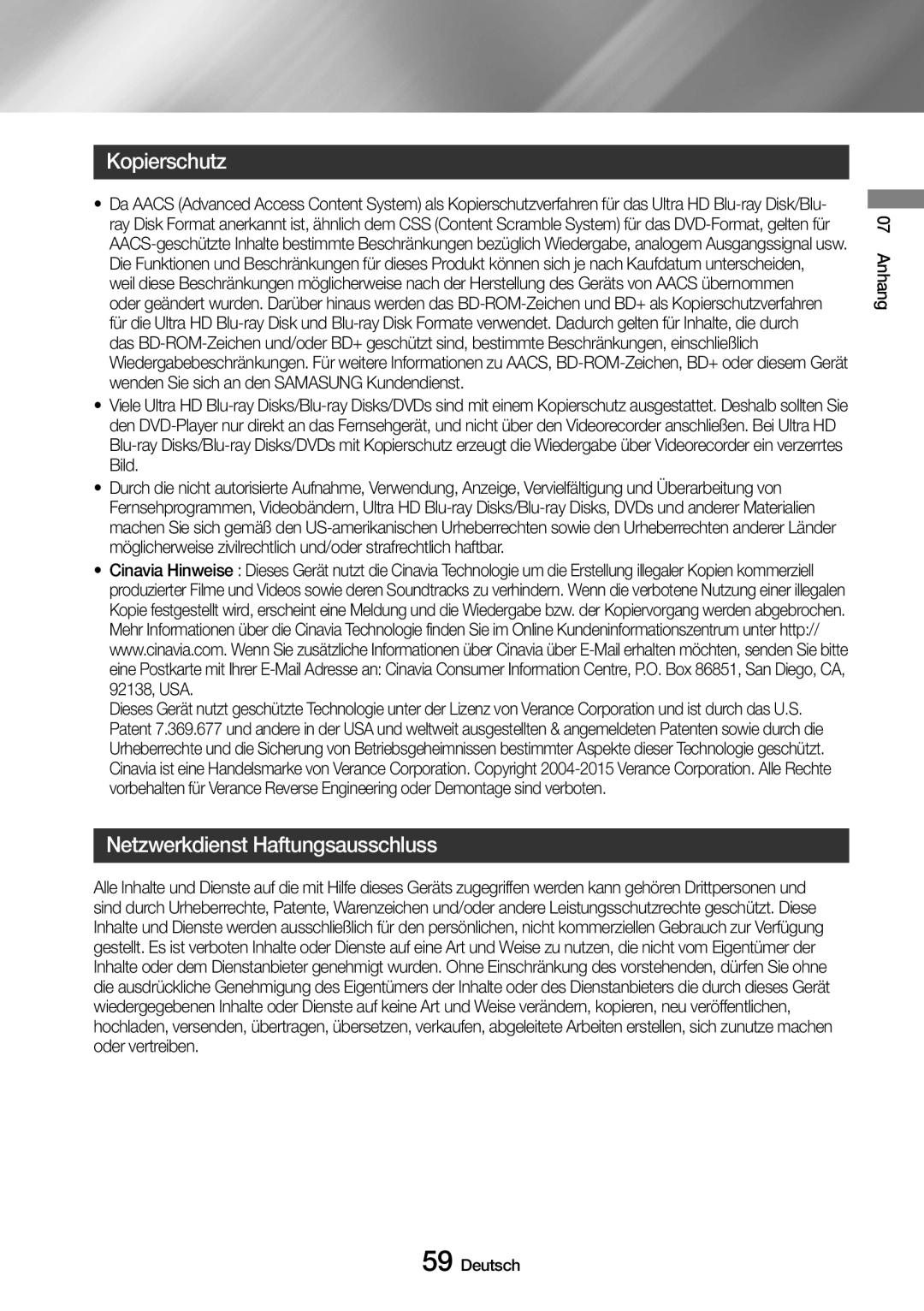 Samsung UBD-M8500/ZG, UBD-M8500/EN manual Kopierschutz, Netzwerkdienst Haftungsausschluss 