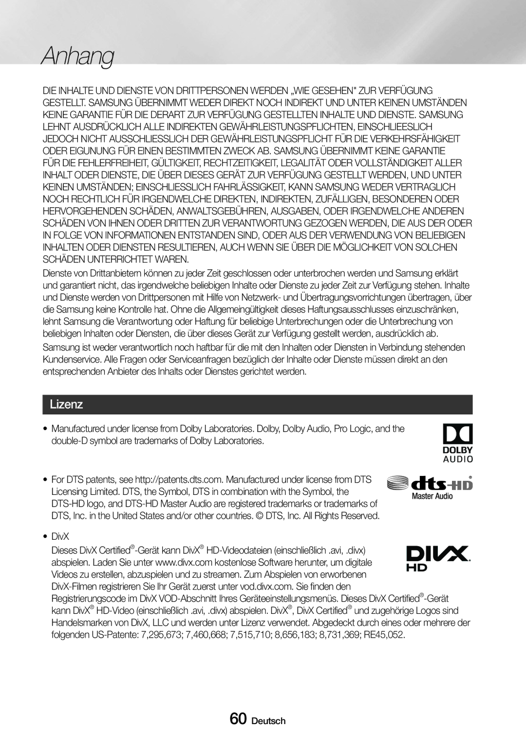 Samsung UBD-M8500/EN, UBD-M8500/ZG manual Lizenz, DivX 