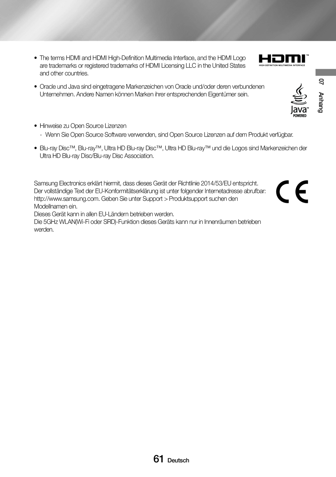 Samsung UBD-M8500/ZG, UBD-M8500/EN manual Hinweise zu Open Source Lizenzen 