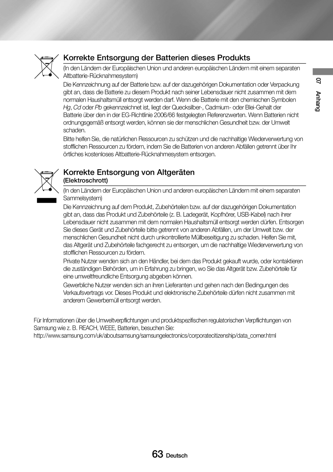 Samsung UBD-M8500/ZG Korrekte Entsorgung der Batterien dieses Produkts, Korrekte Entsorgung von Altgeräten Elektroschrott 