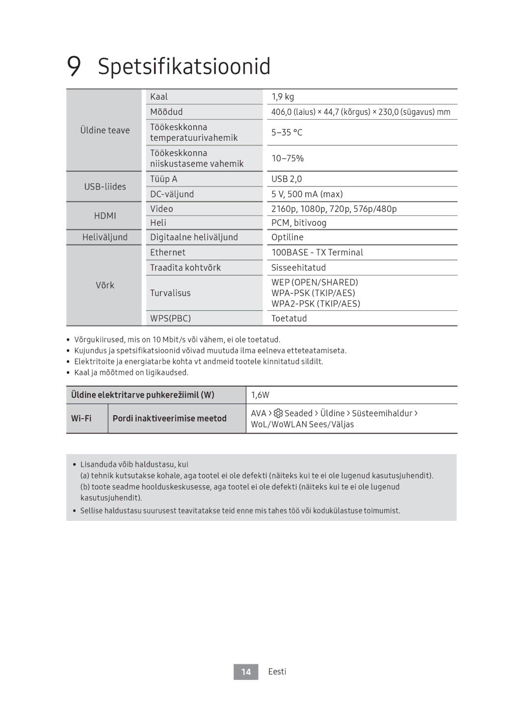 Samsung UBD-M8500/ZG, UBD-M8500/EN manual Spetsifikatsioonid, Üldine elektritarve puhkerežiimil W Wi-Fi 