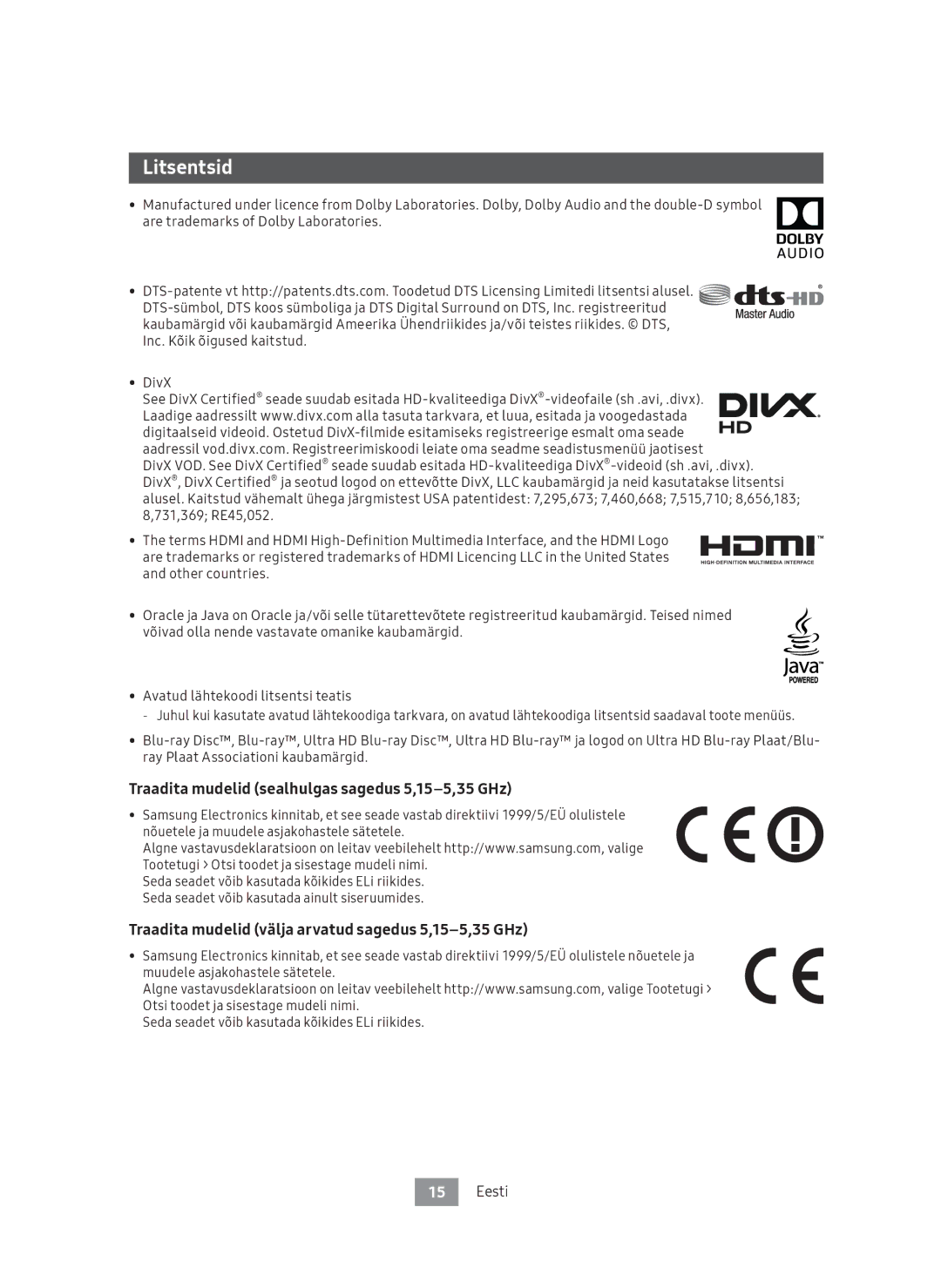 Samsung UBD-M8500/EN, UBD-M8500/ZG manual Litsentsid, Traadita mudelid sealhulgas sagedus 5,15-5,35 GHz 