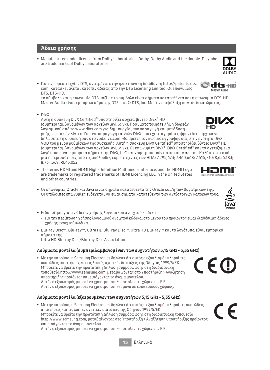 Samsung UBD-M8500/ZG, UBD-M8500/EN manual Άδεια χρήσης, 15 Ελληνικά 