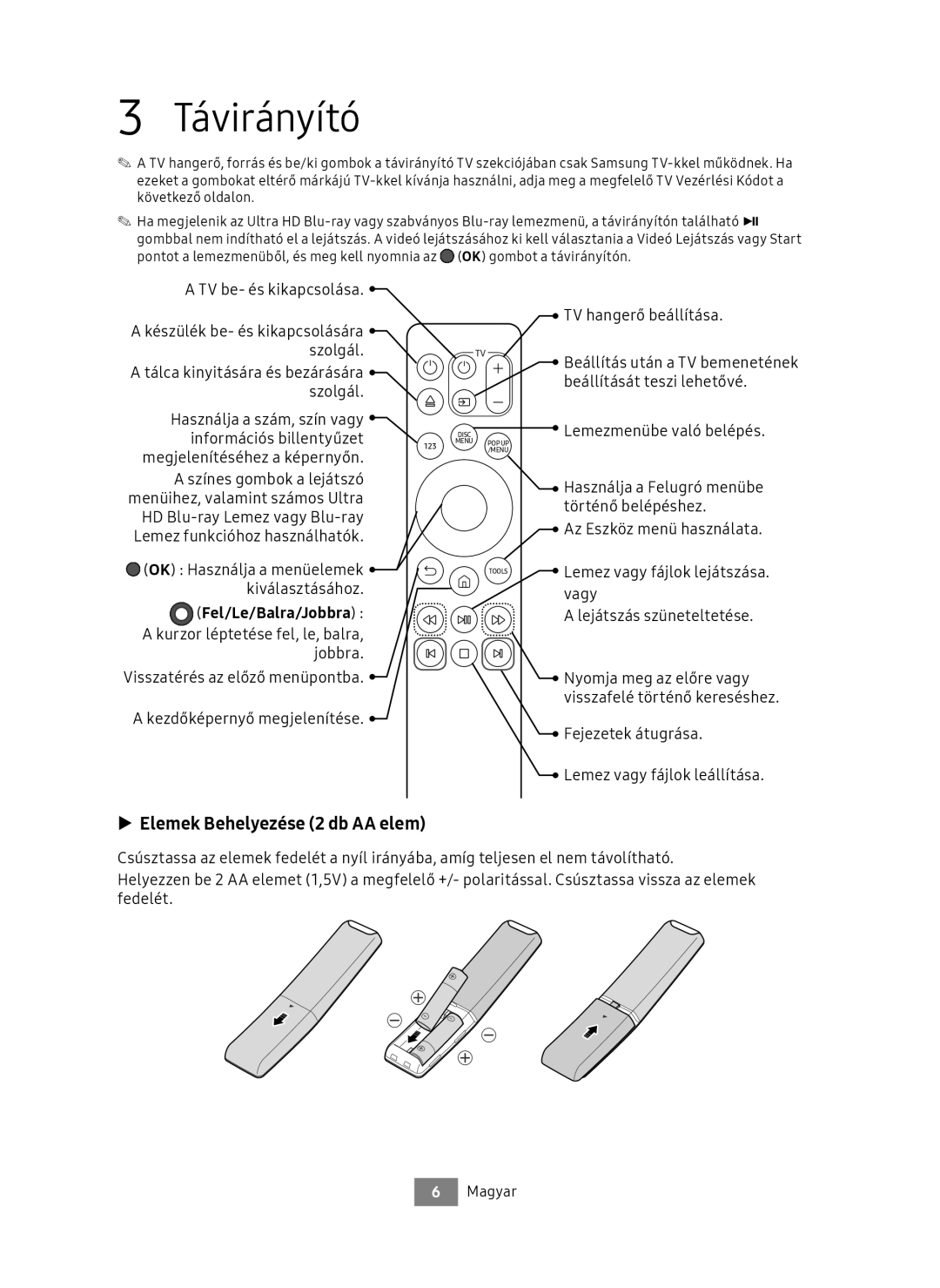 Samsung UBD-M8500/EN, UBD-M8500/ZG manual Távirányító, Elemek Behelyezése 2 db AA elem, Fel/Le/Balra/Jobbra 