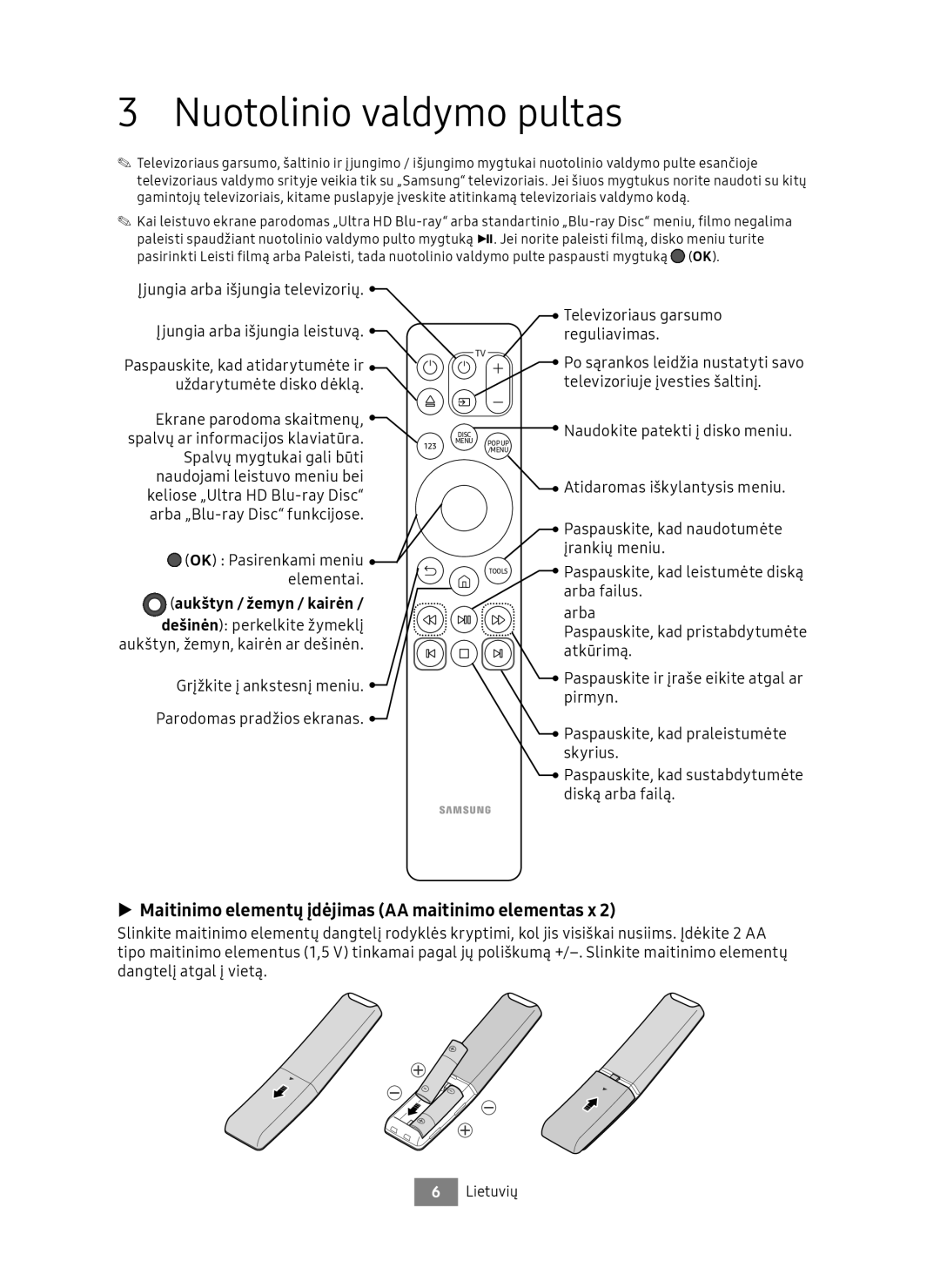 Samsung UBD-M8500/ZG, UBD-M8500/EN manual Nuotolinio valdymo pultas, Maitinimo elementų įdėjimas AA maitinimo elementas x 