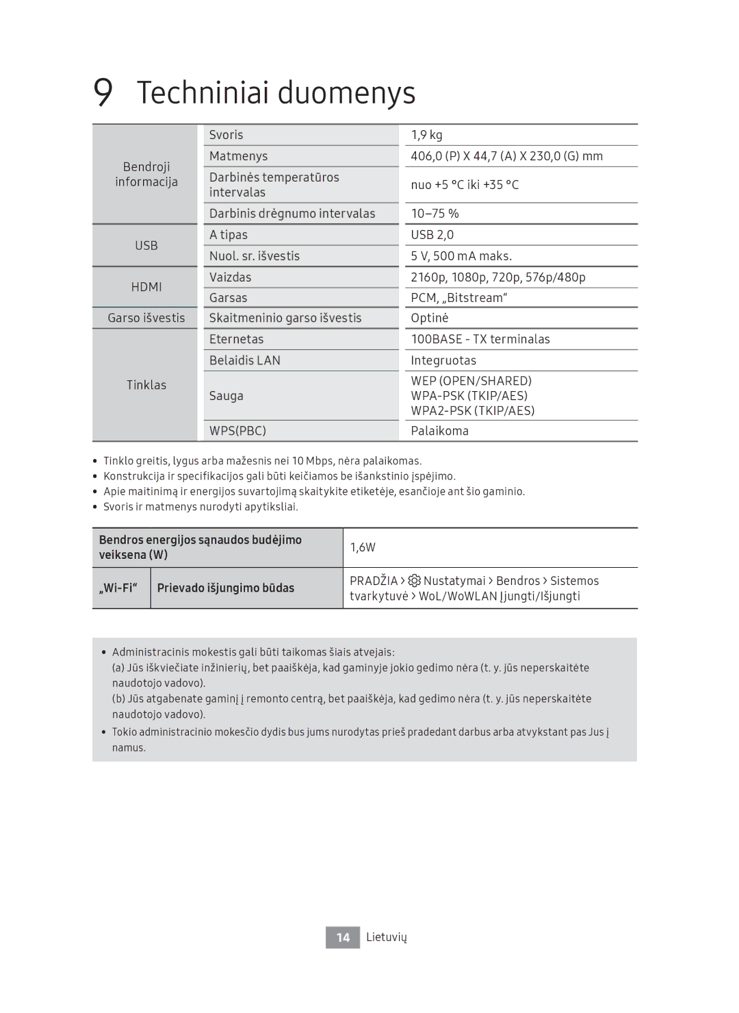 Samsung UBD-M8500/ZG, UBD-M8500/EN manual Techniniai duomenys, Veiksena W, „Wi-Fi Prievado išjungimo būdas 