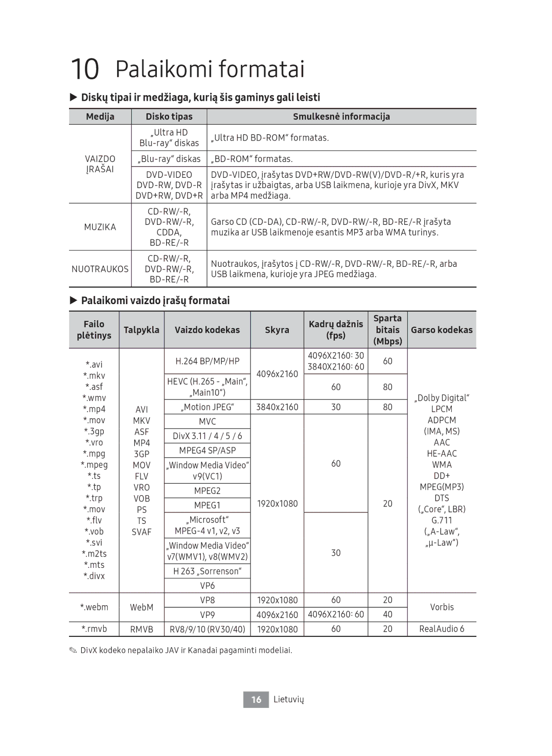 Samsung UBD-M8500/ZG, UBD-M8500/EN manual Palaikomi formatai, Diskų tipai ir medžiaga, kurią šis gaminys gali leisti 