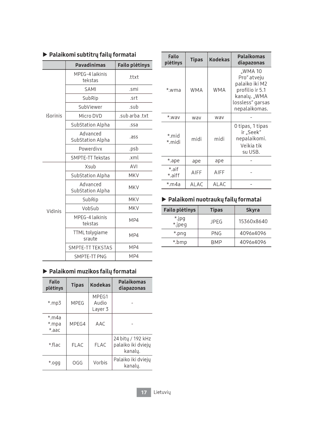 Samsung UBD-M8500/EN, UBD-M8500/ZG manual Palaikomi subtitrų failų formatai, Palaikomi muzikos failų formatai 