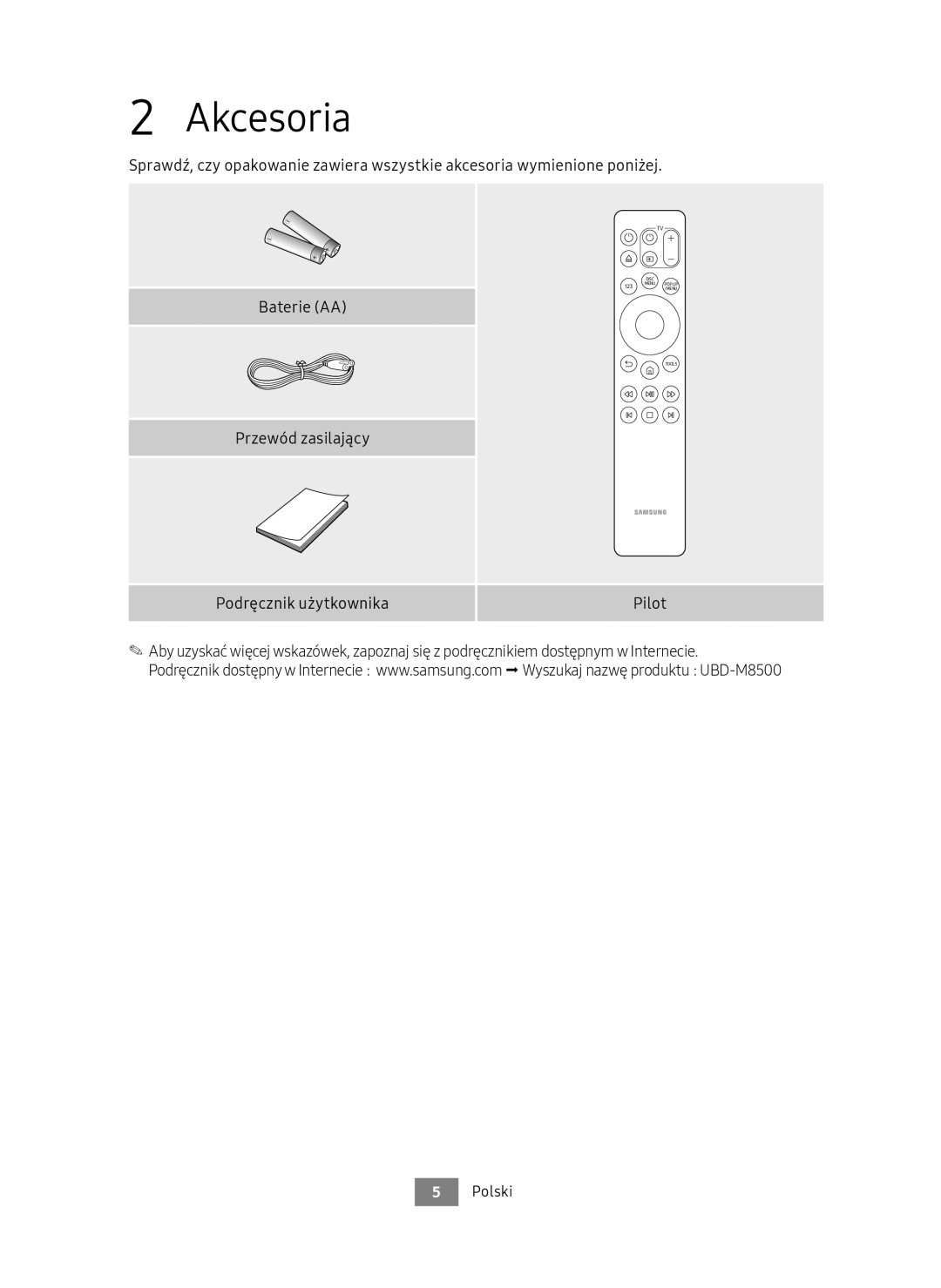 Samsung UBD-M8500/EN, UBD-M8500/ZG manual Akcesoria 