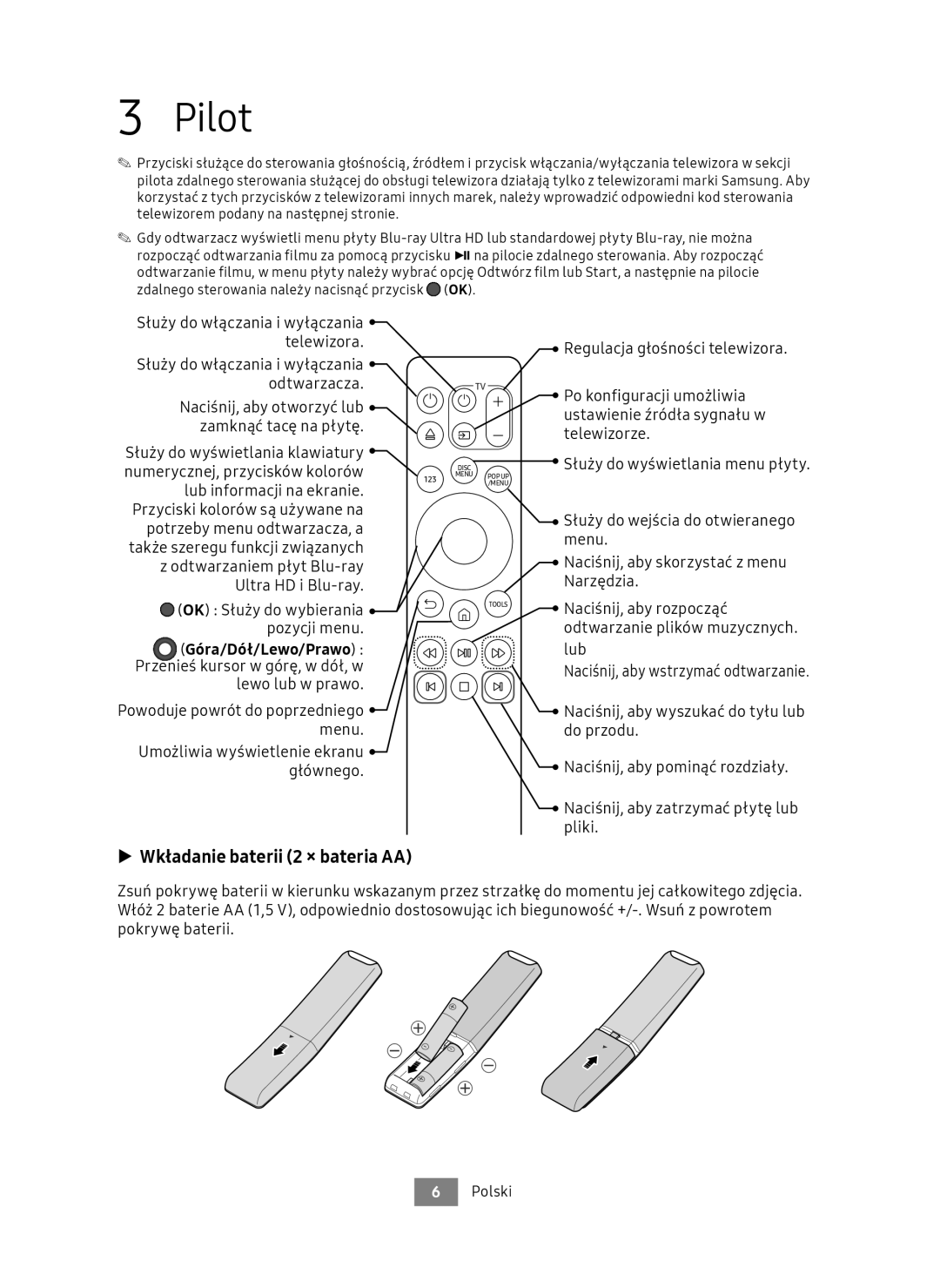 Samsung UBD-M8500/ZG, UBD-M8500/EN Pilot, Wkładanie baterii 2 × bateria AA, Służy do włączania i wyłączania telewizora 