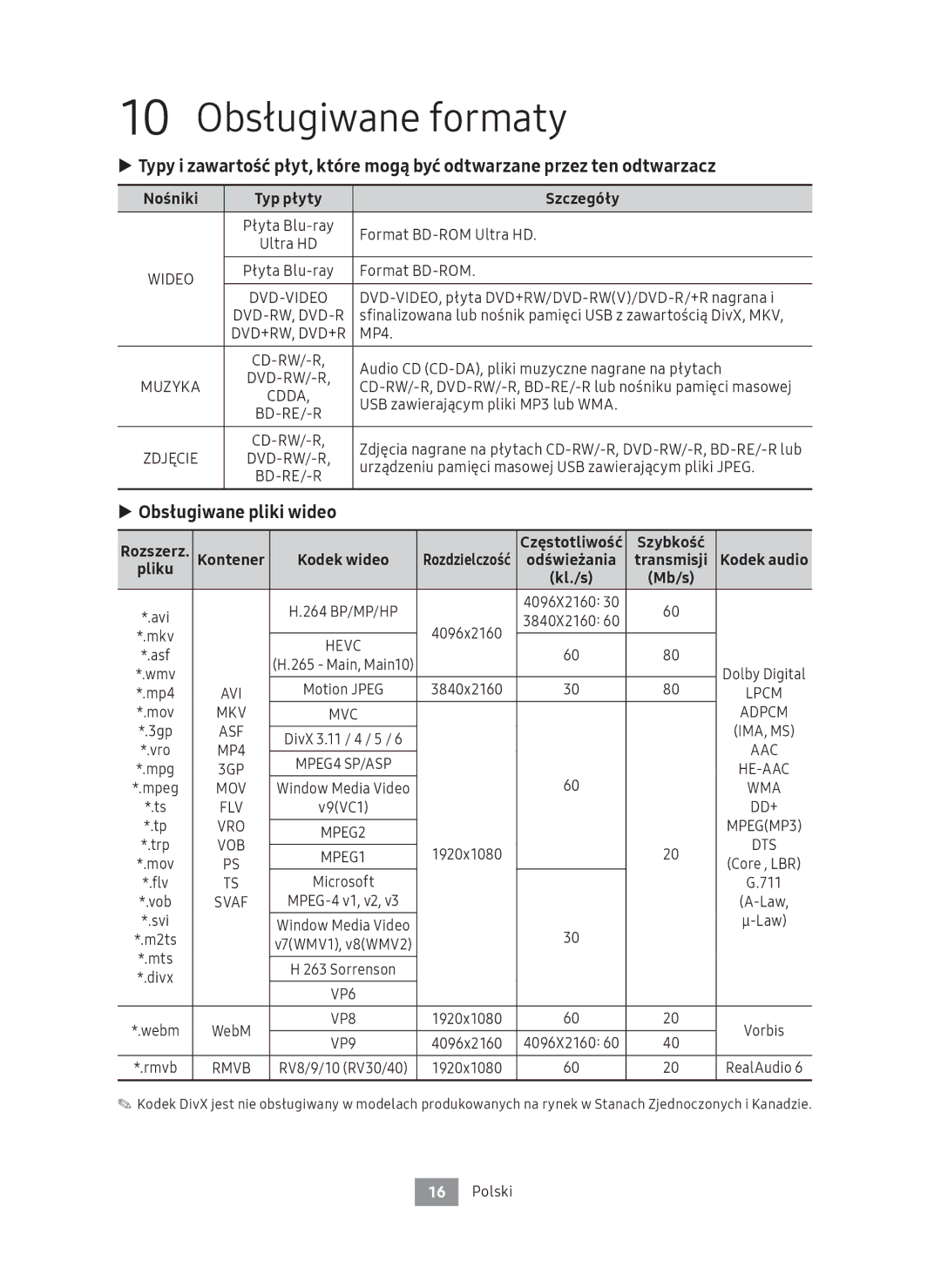 Samsung UBD-M8500/ZG, UBD-M8500/EN 10 Obsługiwane formaty, Obsługiwane pliki wideo, Nośniki Typ płyty Szczegóły, Szybkość 