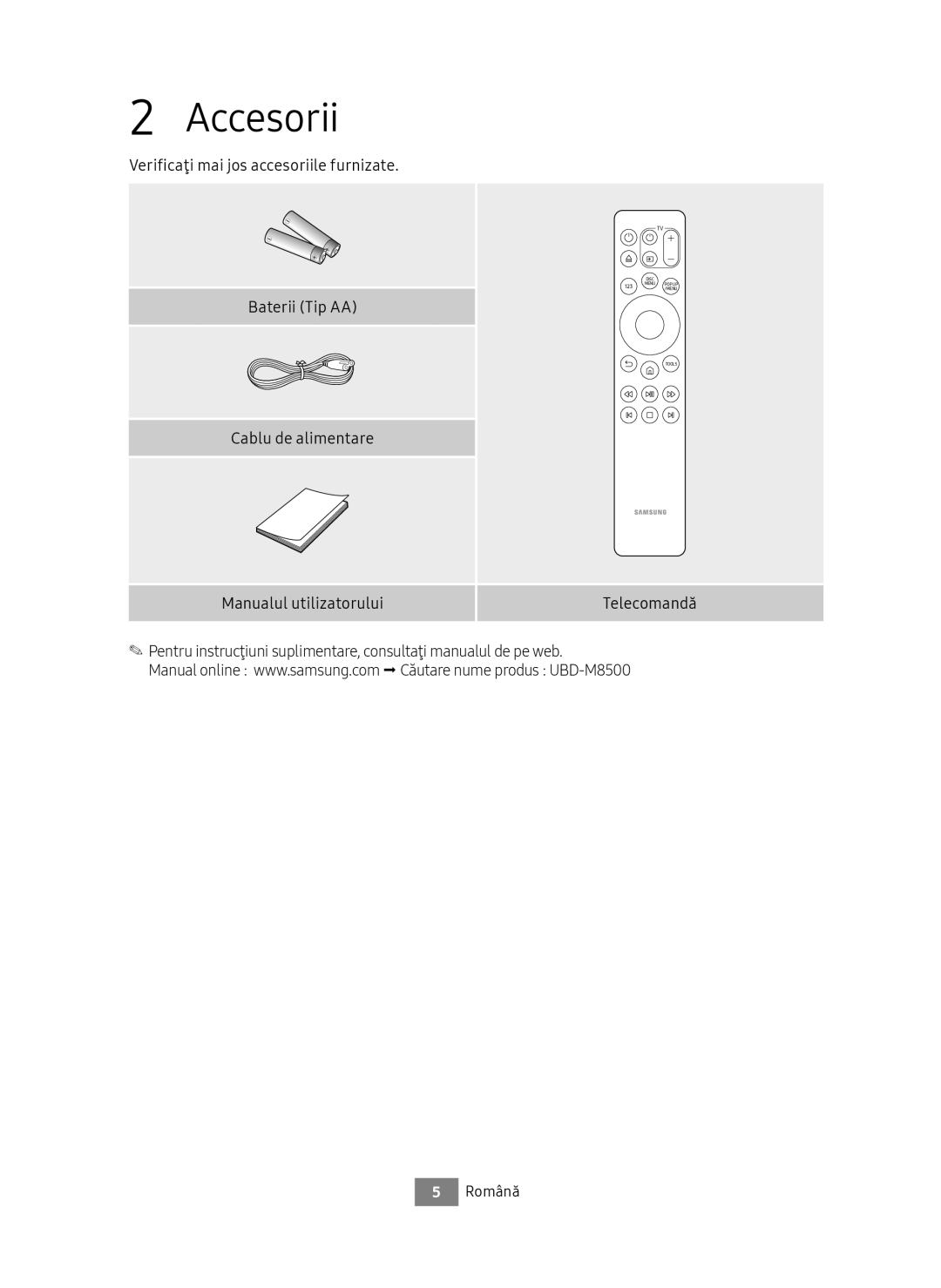 Samsung UBD-M8500/EN, UBD-M8500/ZG manual Accesorii, Verificaţi mai jos accesoriile furnizate Baterii Tip AA 