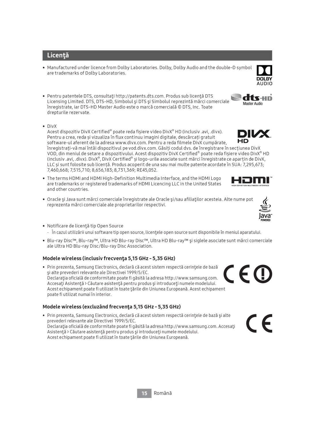 Samsung UBD-M8500/EN, UBD-M8500/ZG manual Licenţă, Modele wireless inclusiv frecvenţa 5,15 GHz 5,35 GHz, 15 Română 