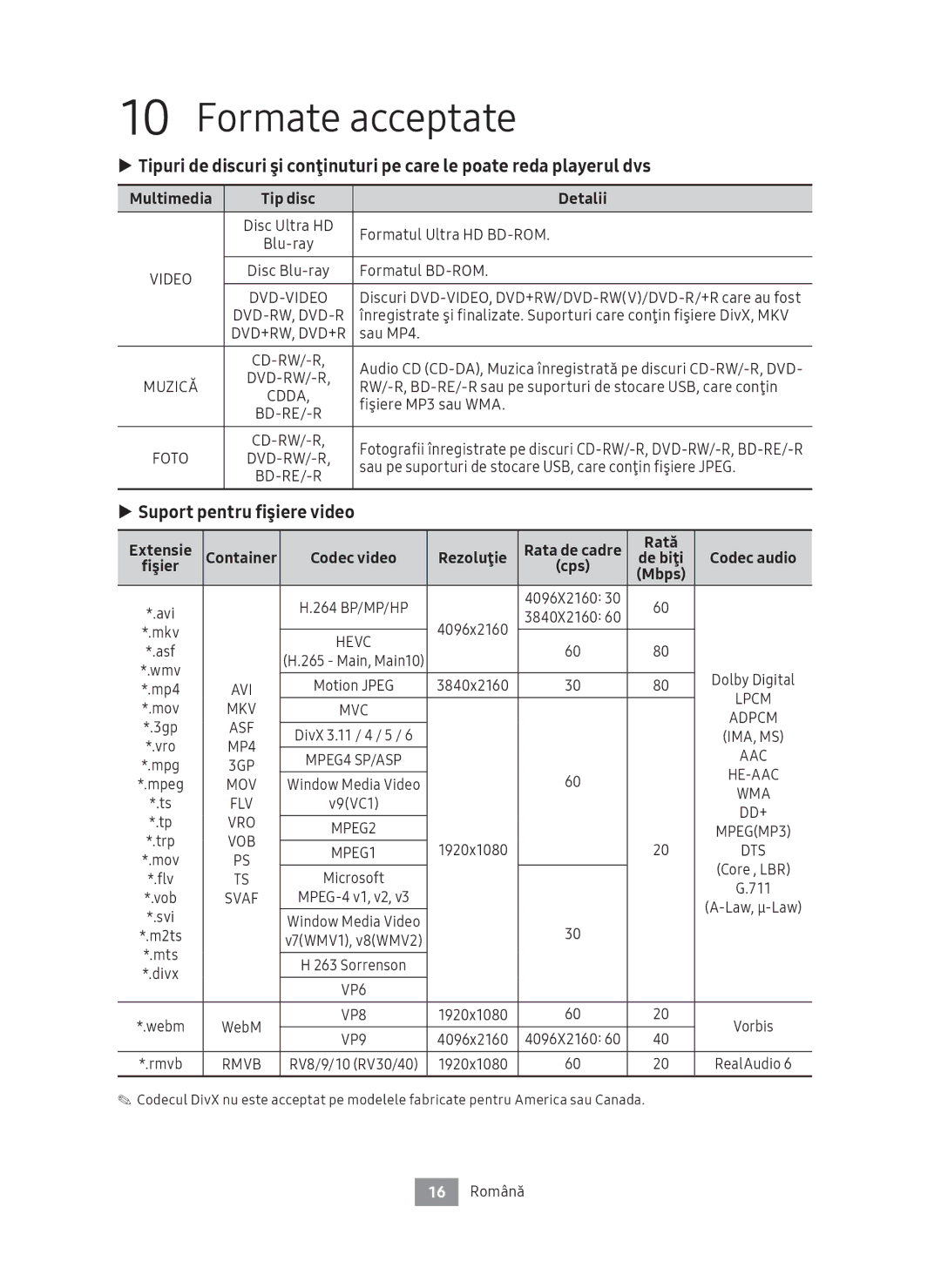 Samsung UBD-M8500/ZG, UBD-M8500/EN manual Formate acceptate, Suport pentru fişiere video 