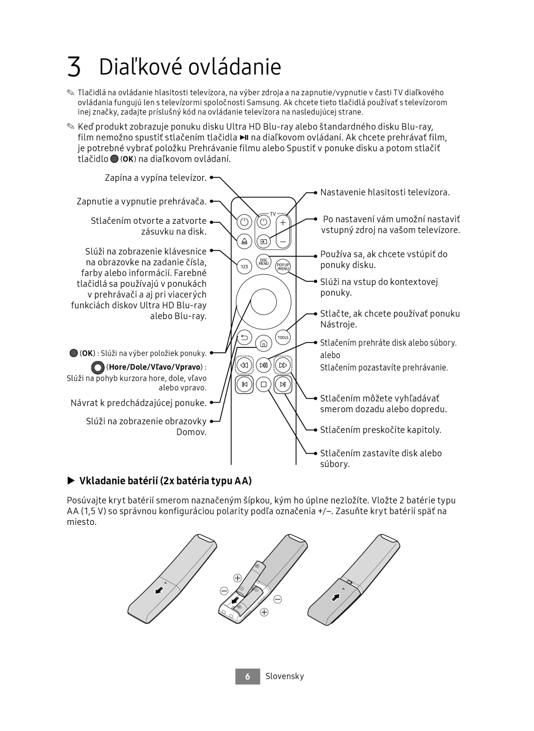 Samsung UBD-M8500/ZG, UBD-M8500/EN manual Diaľkové ovládanie, Vkladanie batérií 2x batéria typu AA 