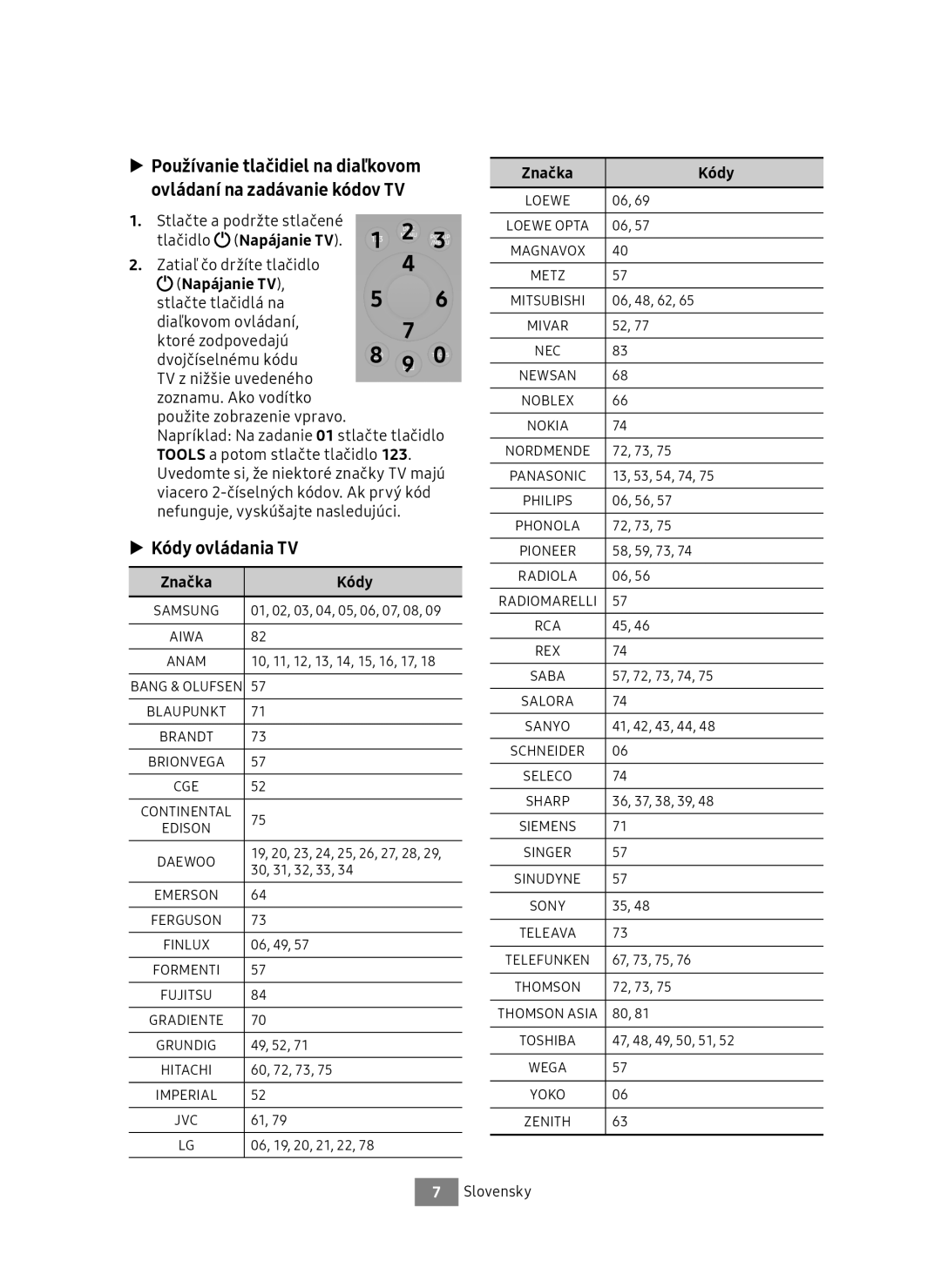 Samsung UBD-M8500/EN manual Kódy ovládania TV, Stlačte a podržte stlačené, Tlačidlo Napájanie TV, Zatiaľ čo držíte tlačidlo 