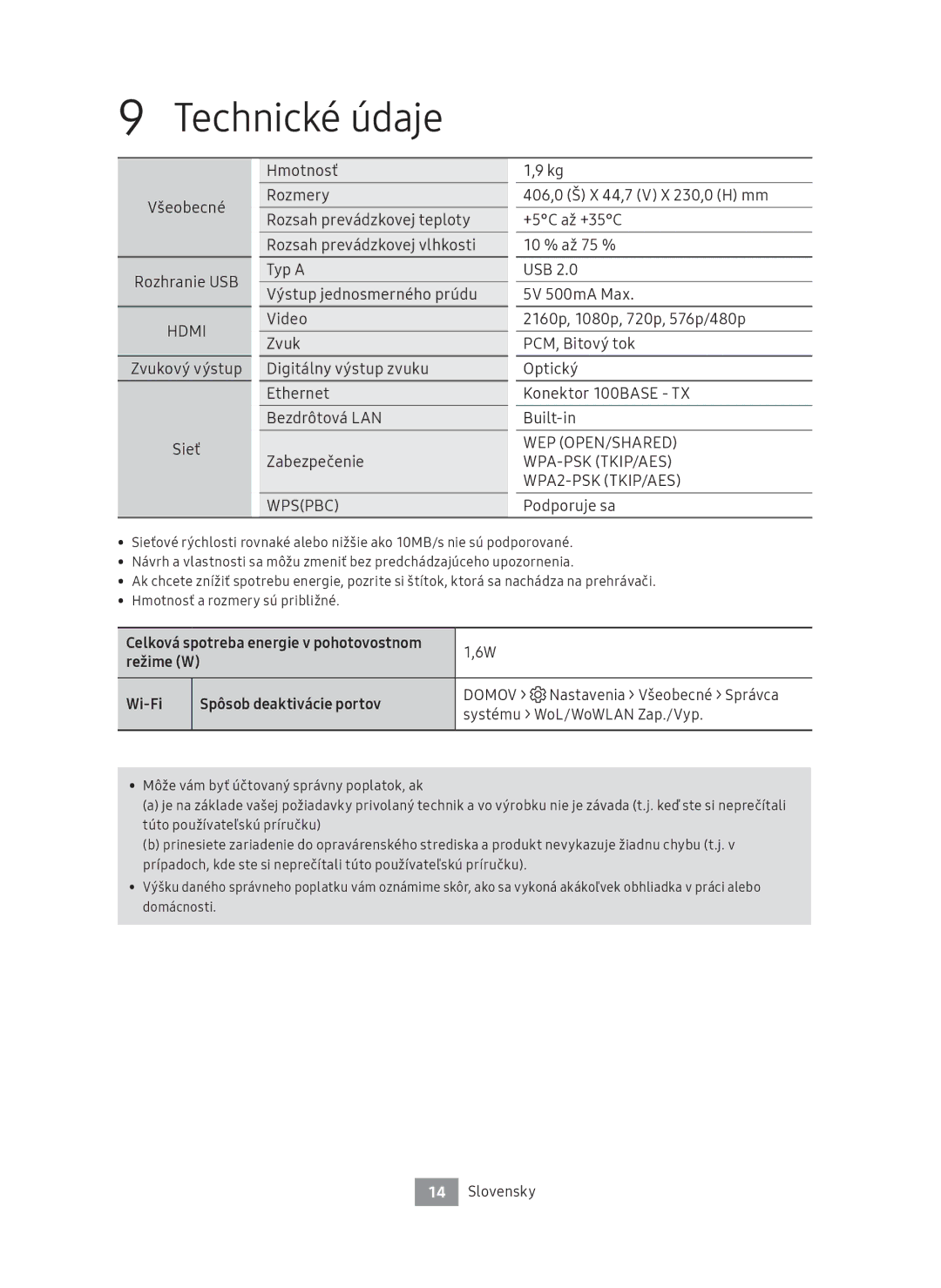 Samsung UBD-M8500/ZG Všeobecné Rozhranie USB, Podporuje sa, Wi-Fi Spôsob deaktivácie portov, Systému WoL/WoWLAN Zap./Vyp 