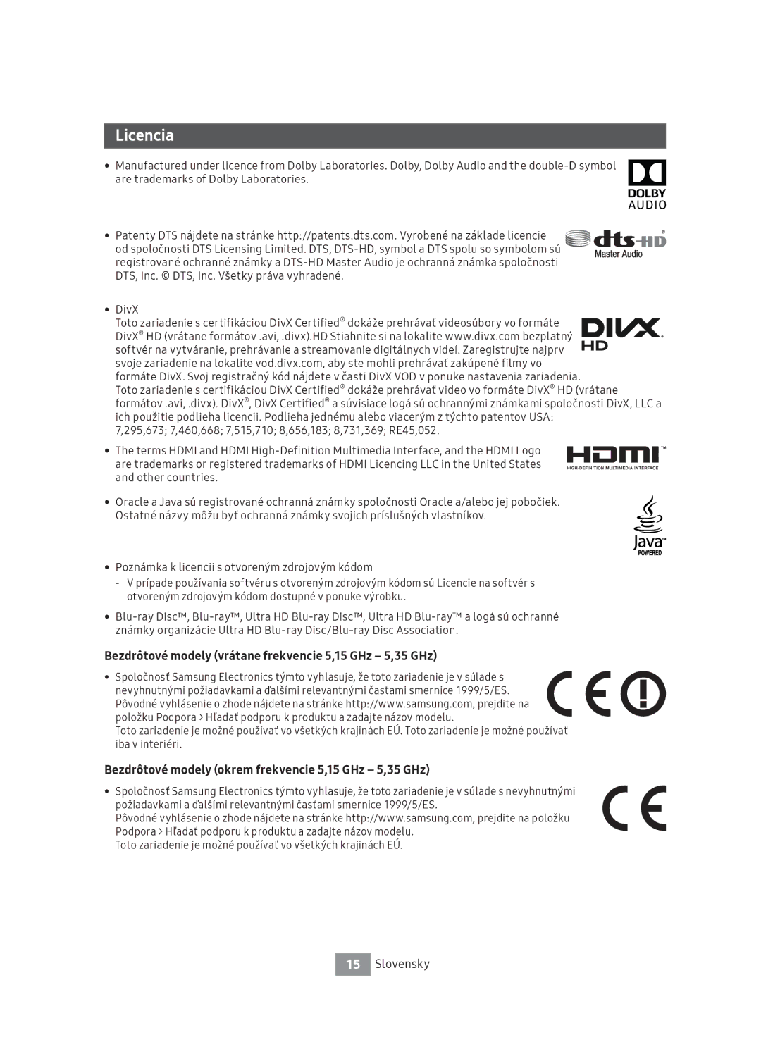 Samsung UBD-M8500/EN, UBD-M8500/ZG manual Licencia, Bezdrôtové modely vrátane frekvencie 5,15 GHz 5,35 GHz 