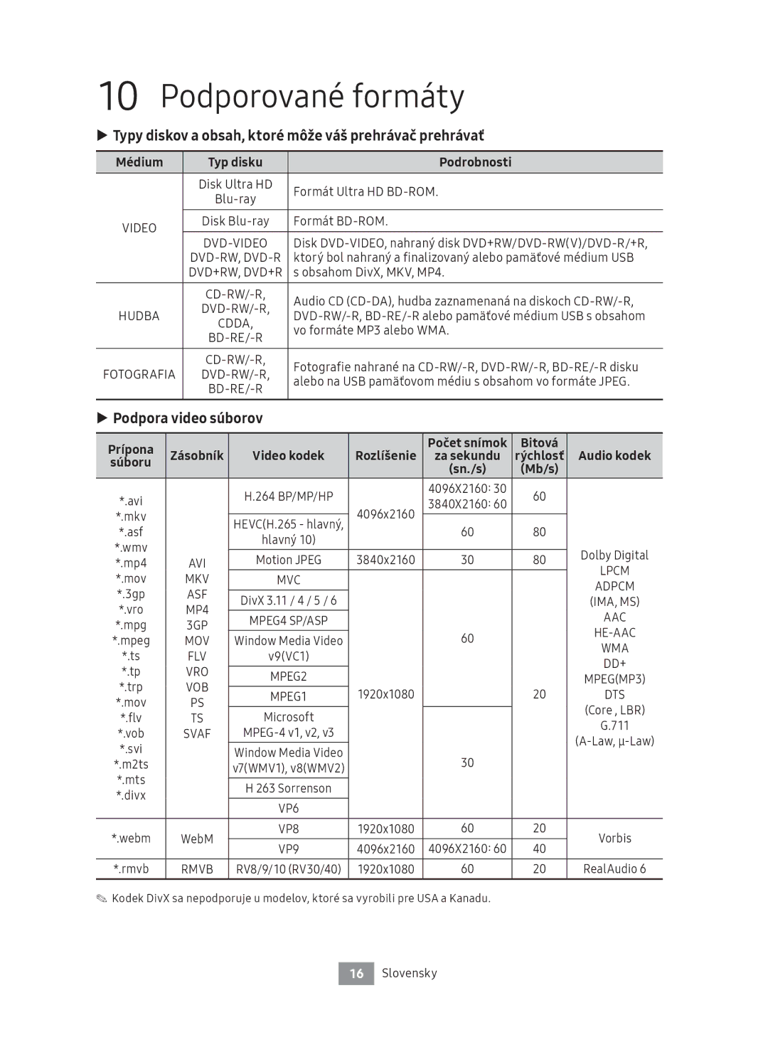 Samsung UBD-M8500/ZG manual Typy diskov a obsah, ktoré môže váš prehrávač prehrávať, Podpora video súborov, Prípona, Bitová 