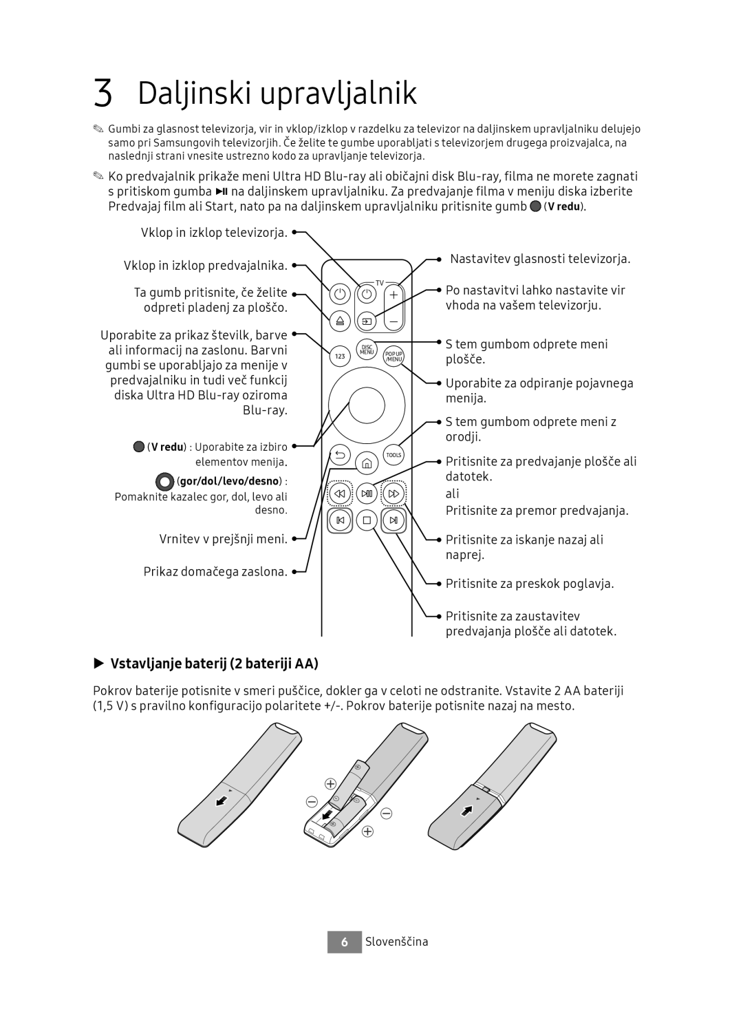 Samsung UBD-M8500/ZG, UBD-M8500/EN manual Daljinski upravljalnik, Vstavljanje baterij 2 bateriji AA 
