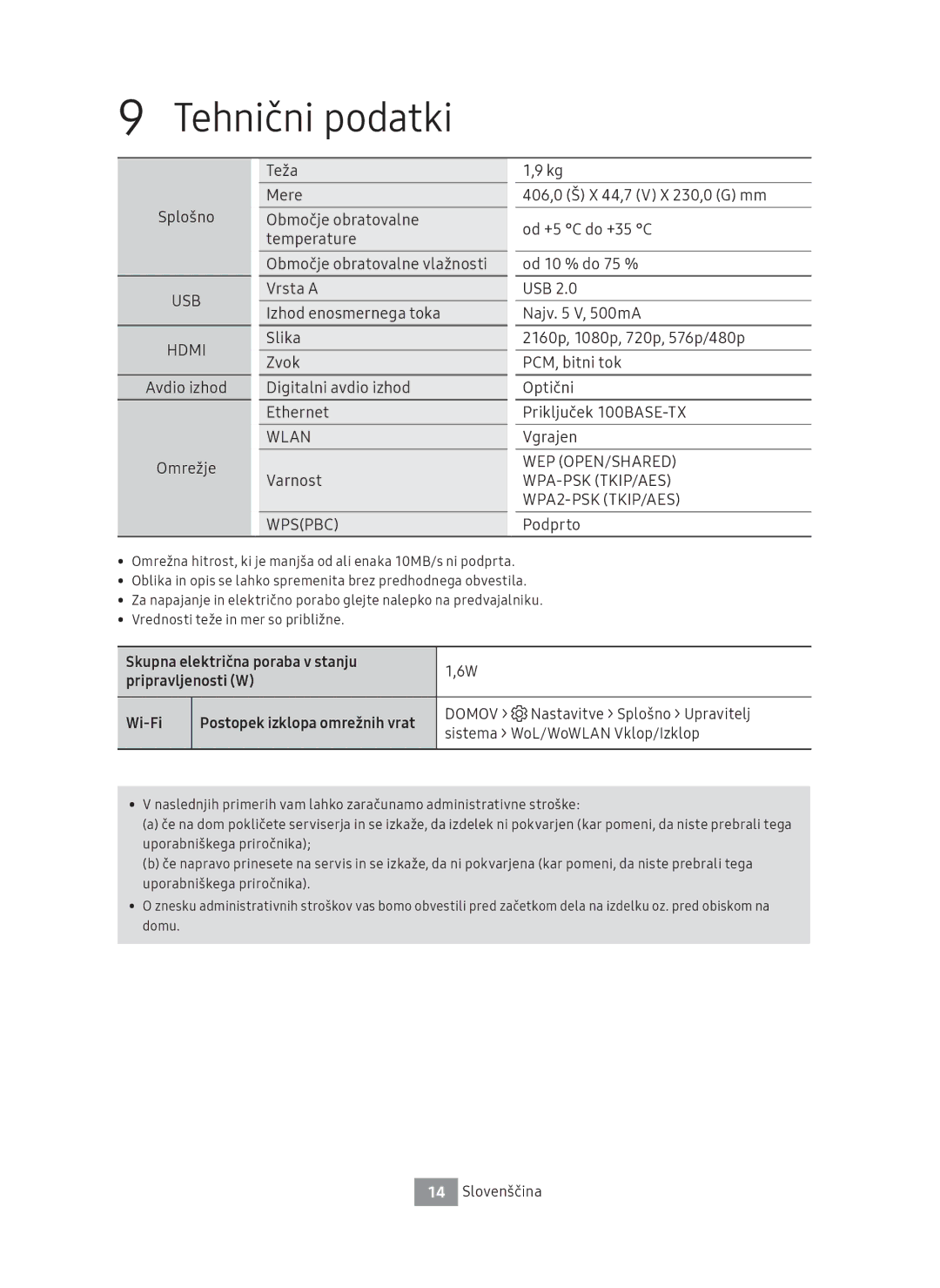 Samsung UBD-M8500/ZG, UBD-M8500/EN manual Tehnični podatki, Skupna električna poraba v stanju Pripravljenosti W Wi-Fi 