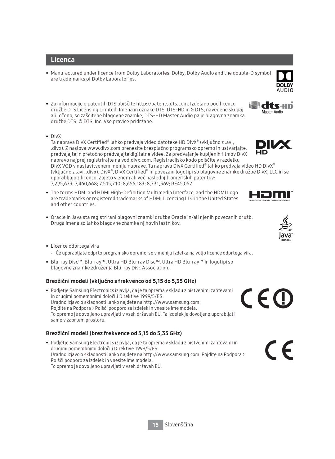 Samsung UBD-M8500/EN, UBD-M8500/ZG manual Brezžični modeli vključno s frekvenco od 5,15 do 5,35 GHz 