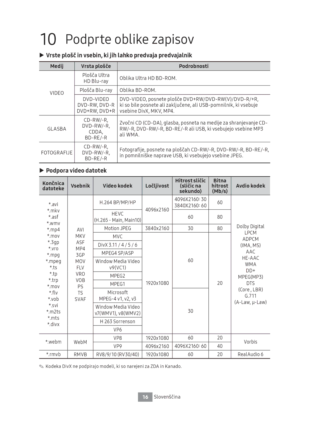 Samsung UBD-M8500/ZG, UBD-M8500/EN manual Podprte oblike zapisov, Vrste plošč in vsebin, ki jih lahko predvaja predvajalnik 