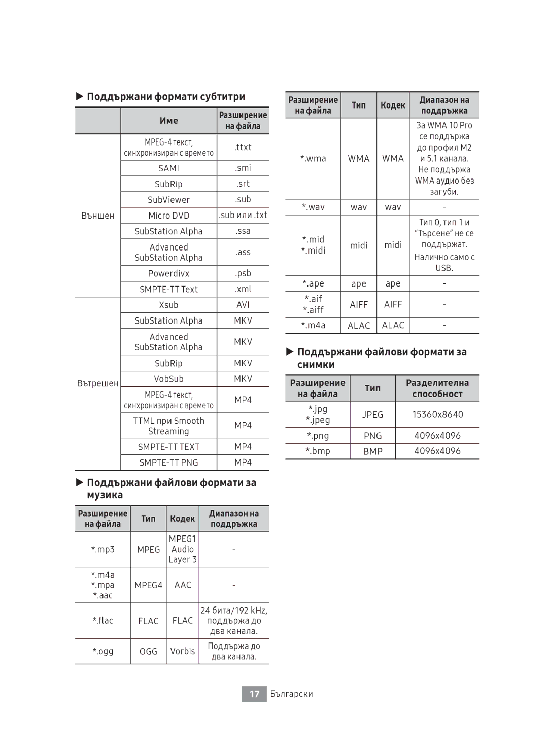 Samsung UBD-M8500/ZG, UBD-M8500/EN manual Поддържани формати субтитри, Поддържани файлови формати за музика 