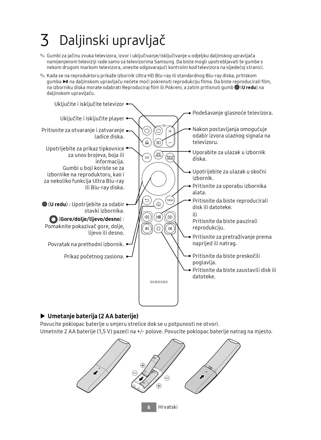 Samsung UBD-M8500/EN, UBD-M8500/ZG manual Daljinski upravljač, Umetanje baterija 2 AA baterije, Gore/dolje/lijevo/desno 