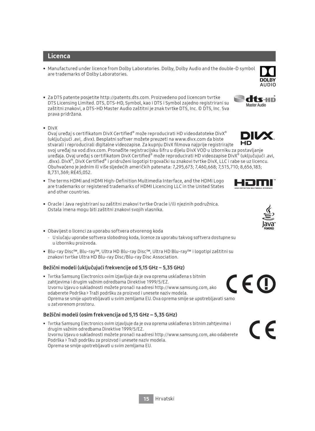 Samsung UBD-M8500/ZG, UBD-M8500/EN manual Licenca, Bežični modeli uključujući frekvencije od 5,15 GHz 5,35 GHz 