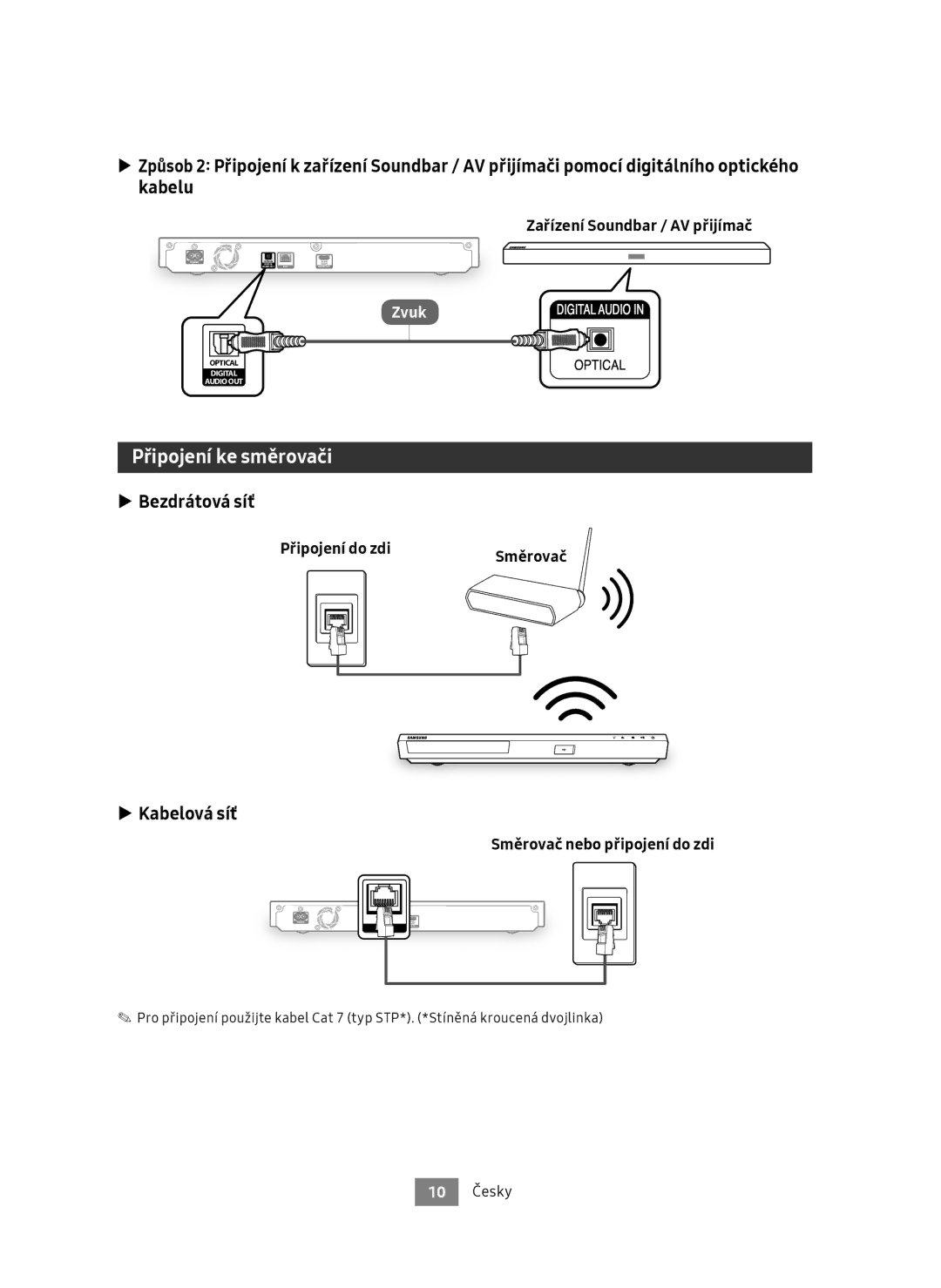 Samsung UBD-M8500/EN, UBD-M8500/ZG manual Připojení ke směrovači, Bezdrátová síť, Kabelová síť, Připojení do zdi 