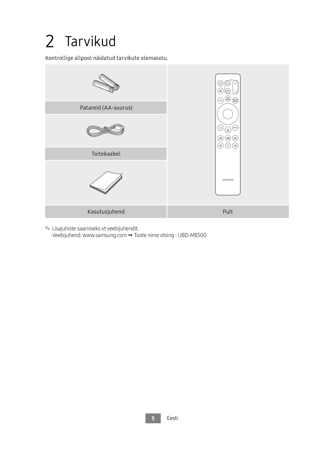 Samsung UBD-M8500/EN, UBD-M8500/ZG manual Tarvikud, Kasutusjuhend Pult Lisajuhiste saamiseks vt veebijuhendit 